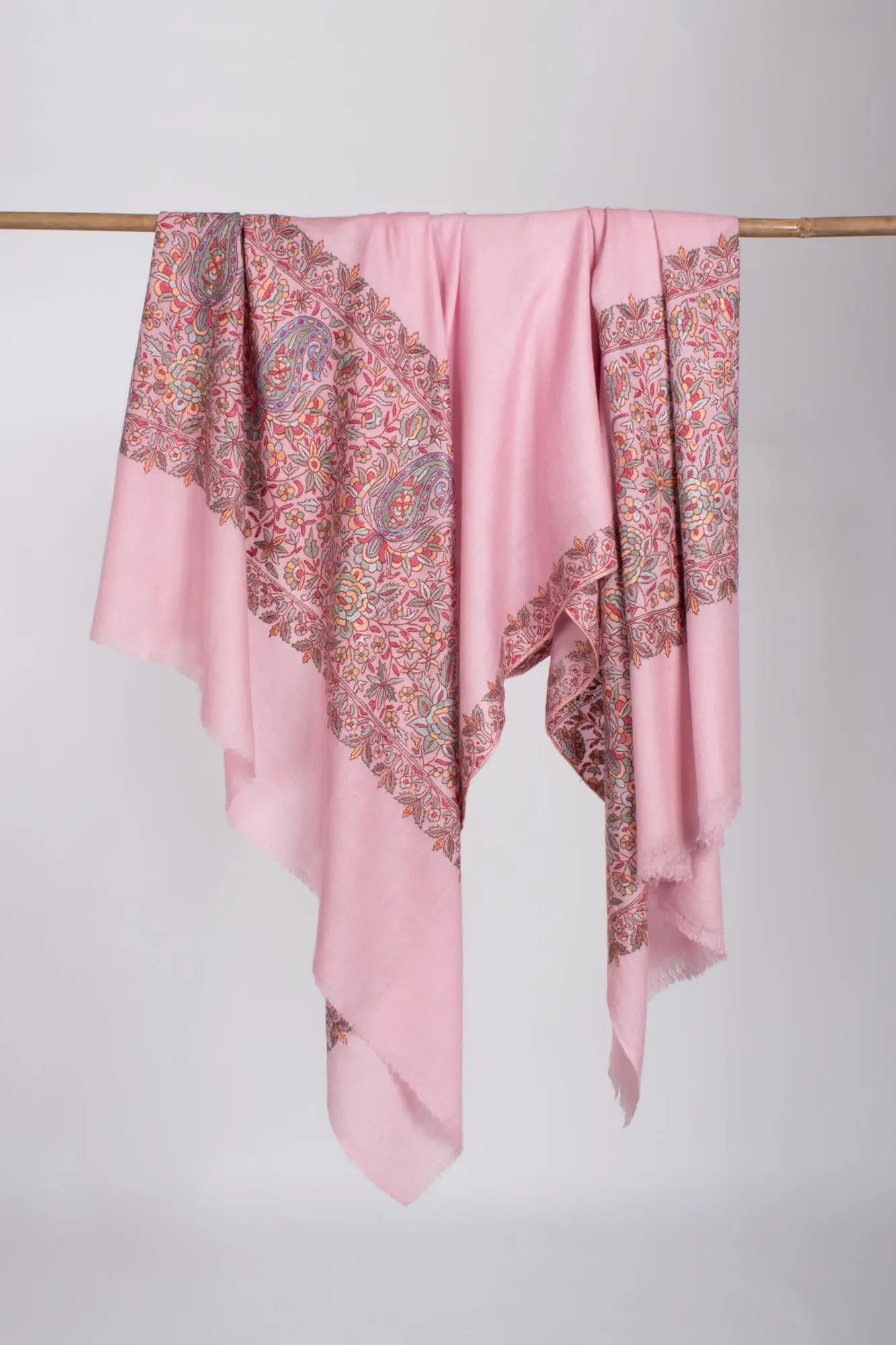 Baby Pink Papermachie Embroidered Pashmina - DAUSA Shahkaar