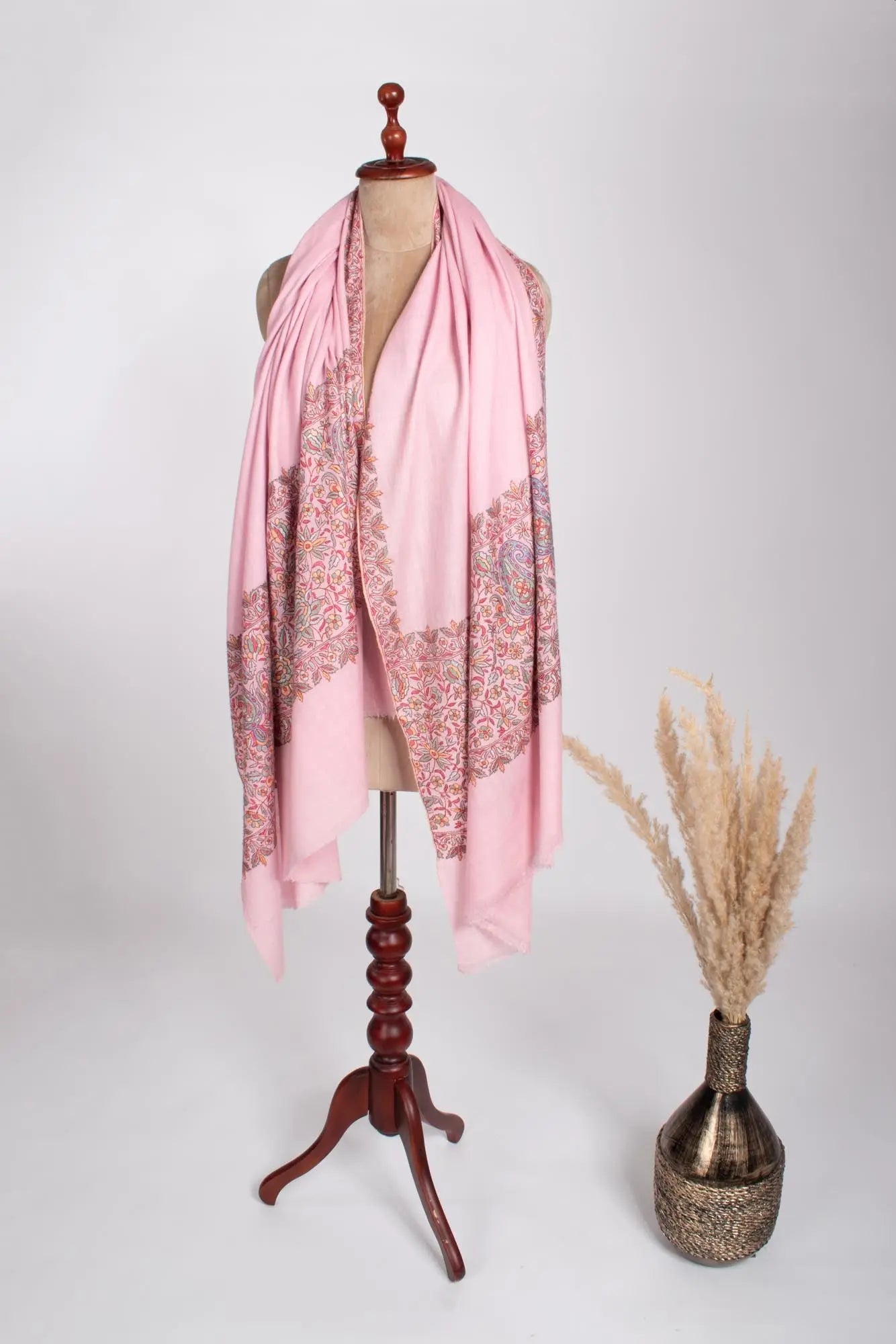 Baby Pink Papermachie Embroidered Pashmina - DAUSA Shahkaar