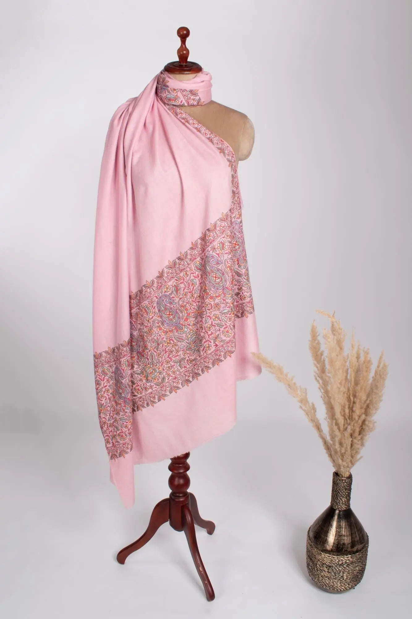 Baby Pink Papermachie Embroidered Pashmina - DAUSA Shahkaar