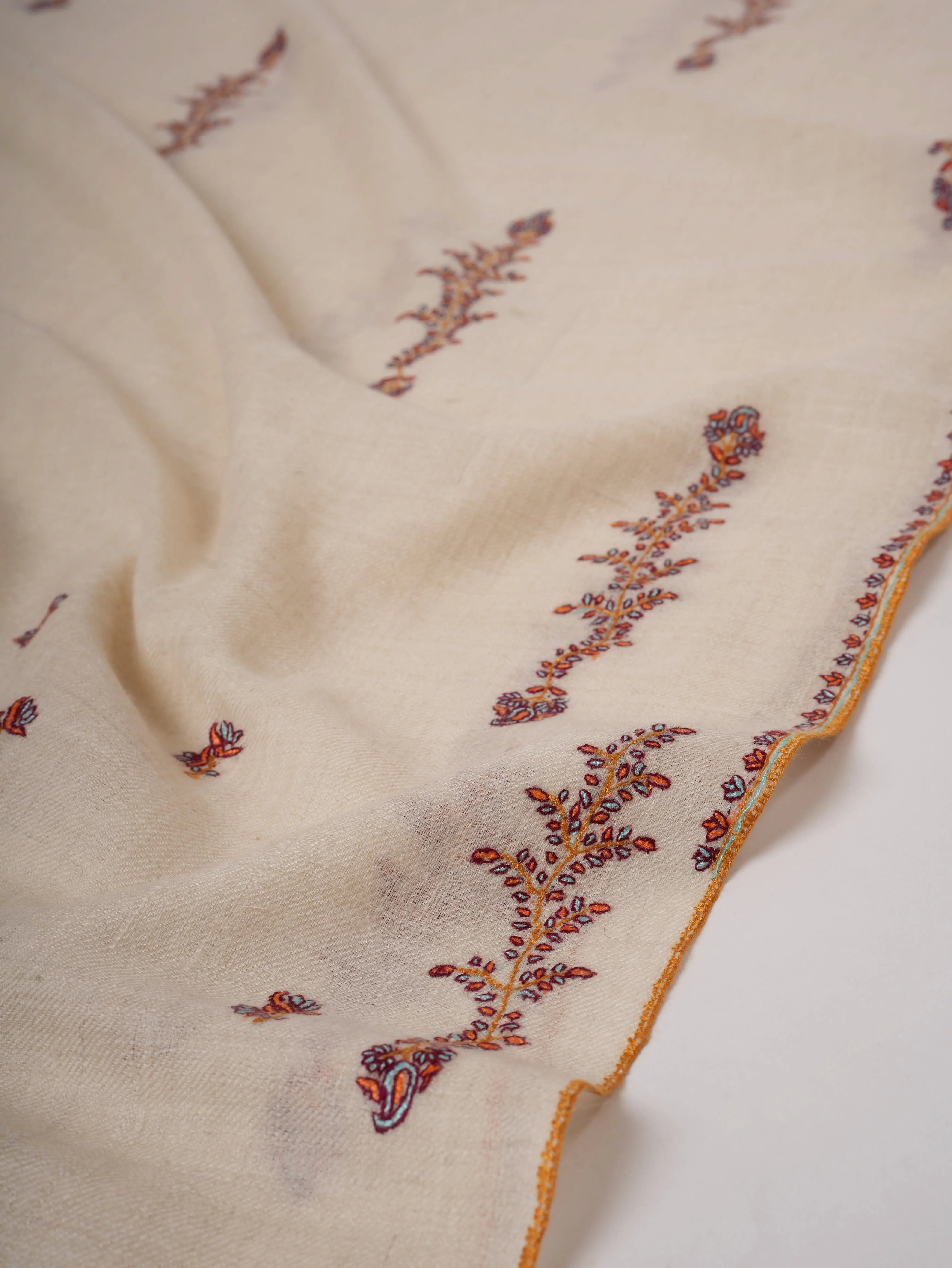 Baby Soft Ivory Cashmere Scarf with Delicate Needlework Shahkaar
