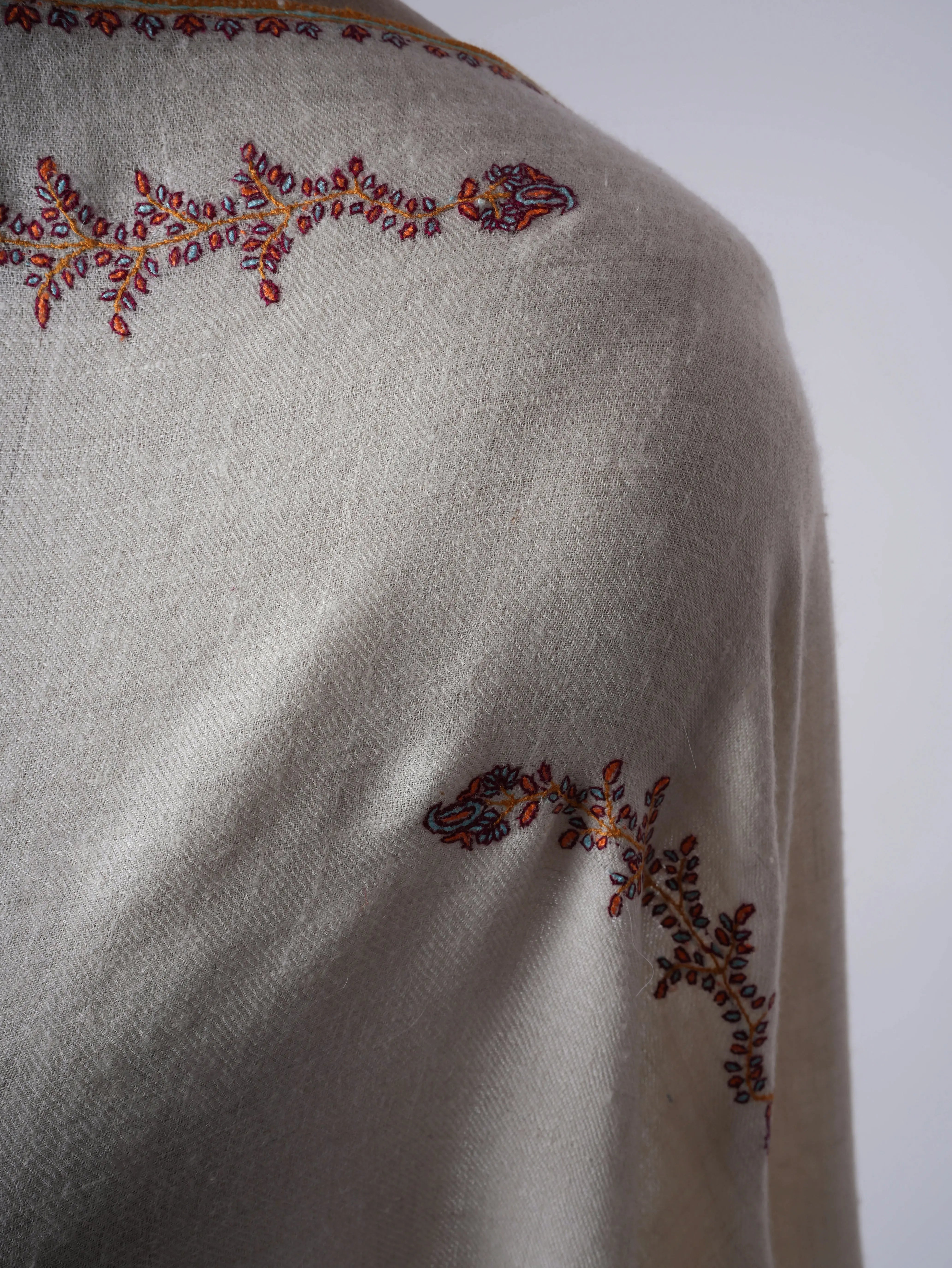 Baby Soft Ivory Cashmere Scarf with Delicate Needlework Shahkaar