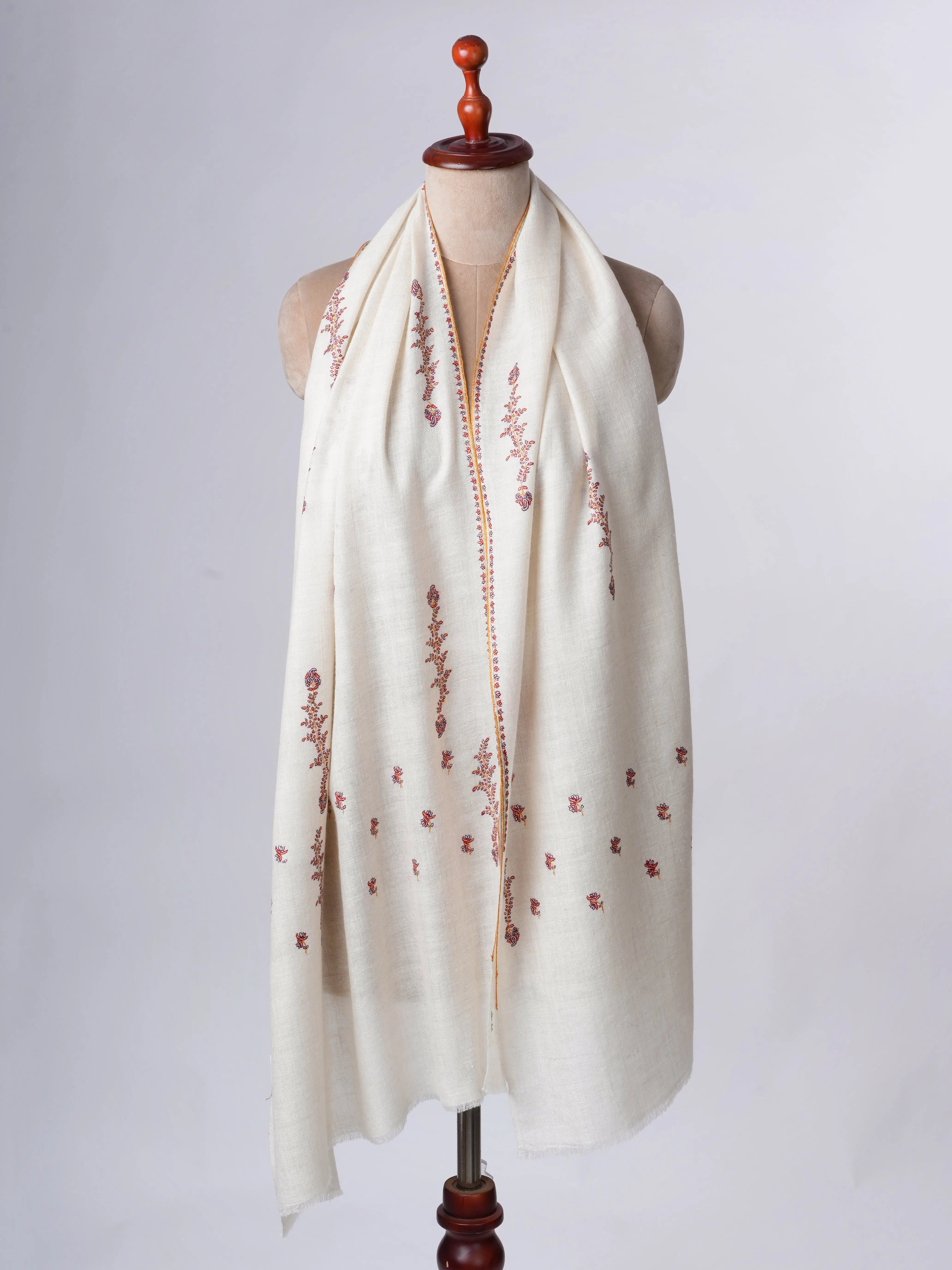 Baby Soft Ivory Cashmere Scarf with Delicate Needlework Shahkaar