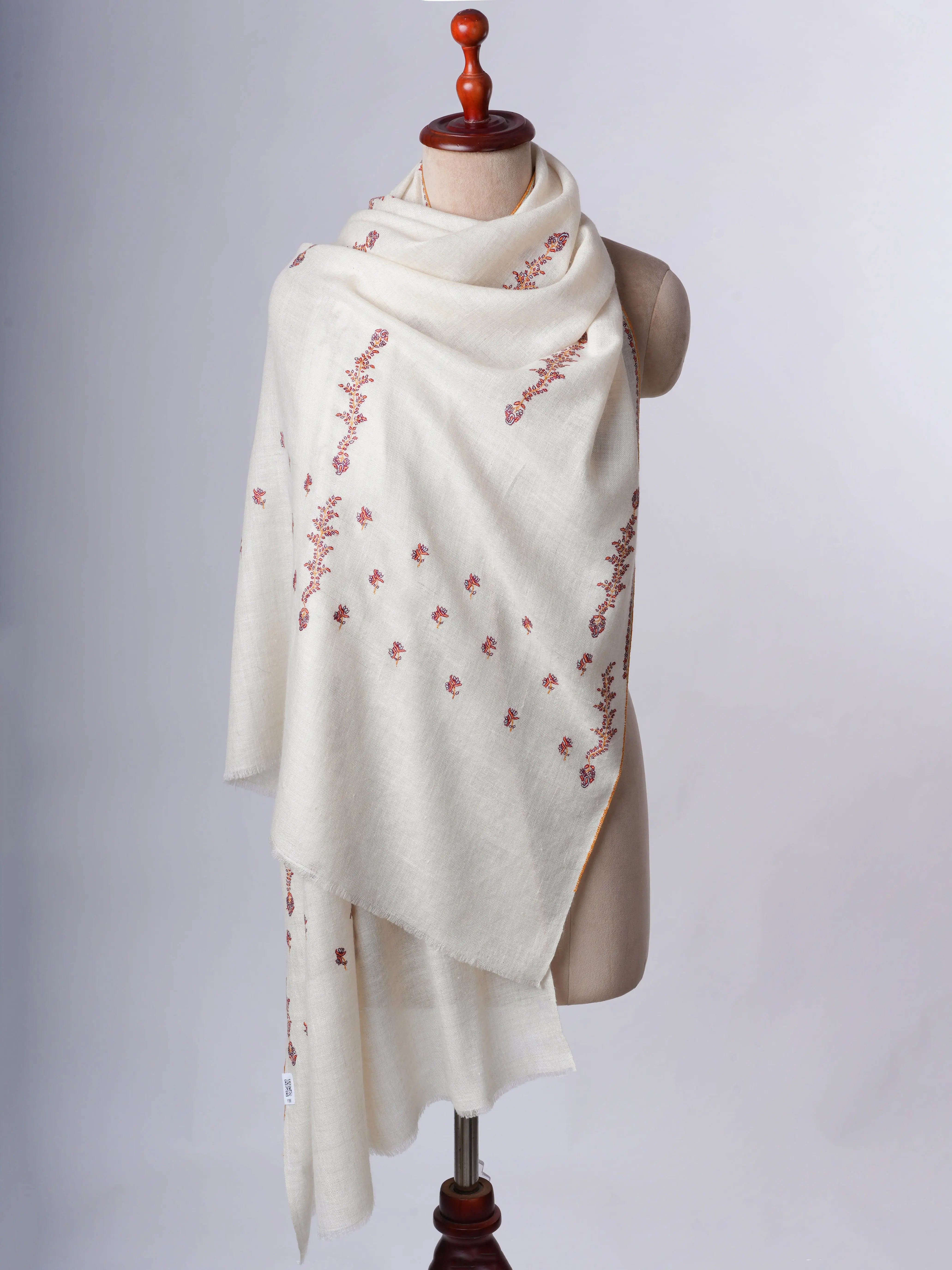 Baby Soft Ivory Cashmere Scarf with Delicate Needlework Shahkaar