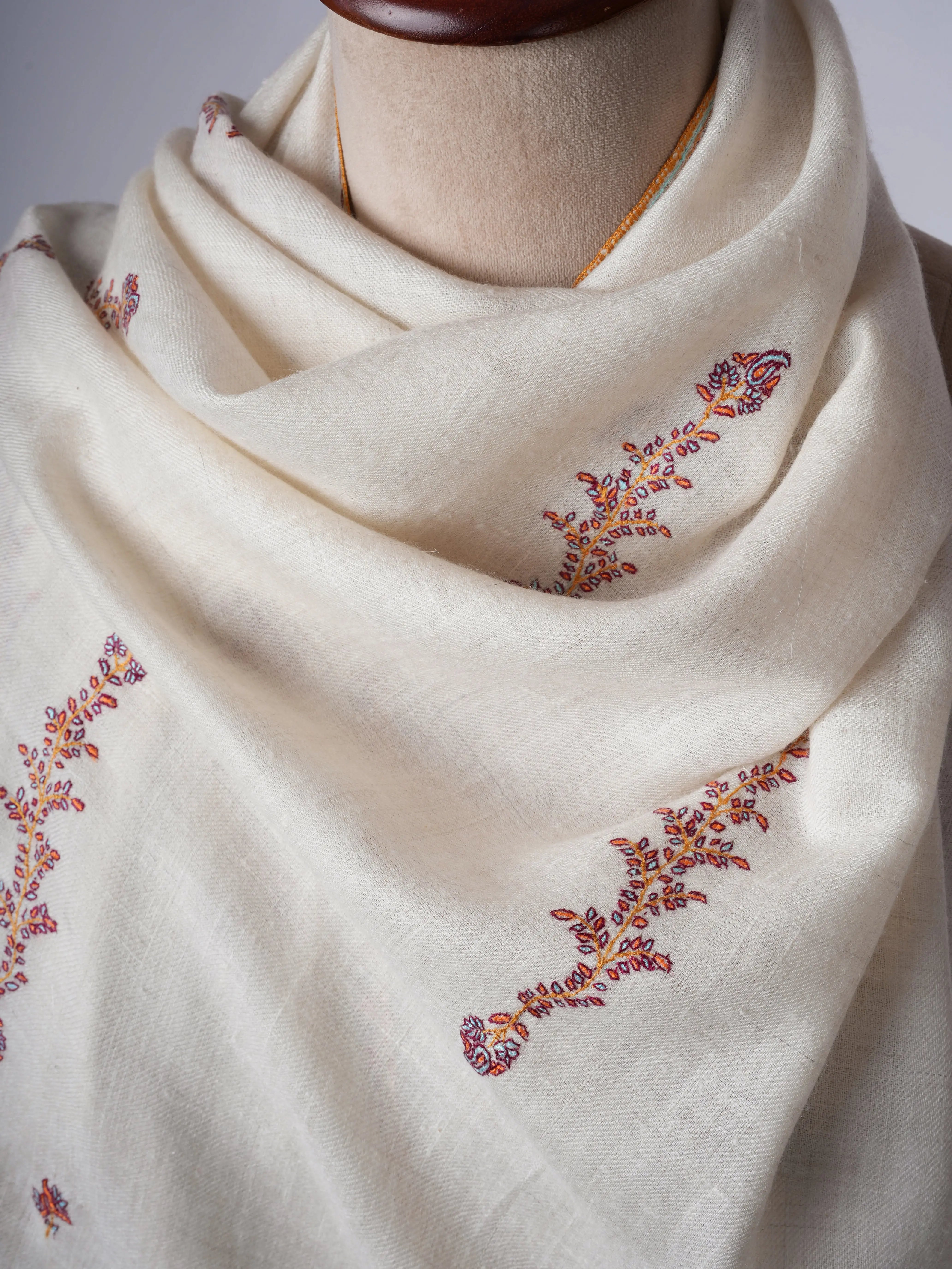 Baby Soft Ivory Cashmere Scarf with Delicate Needlework Shahkaar