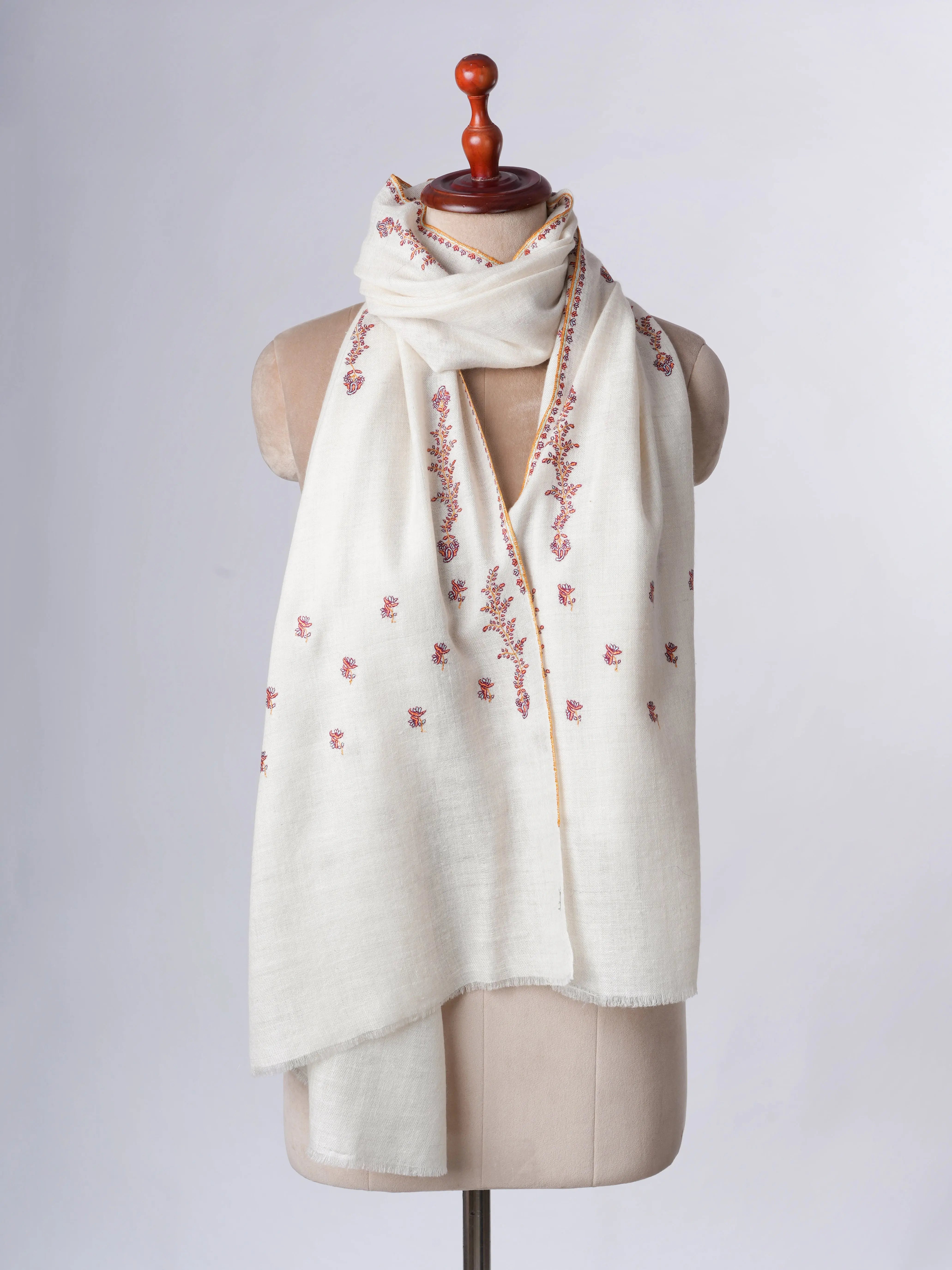 Baby Soft Ivory Cashmere Scarf with Delicate Needlework Shahkaar