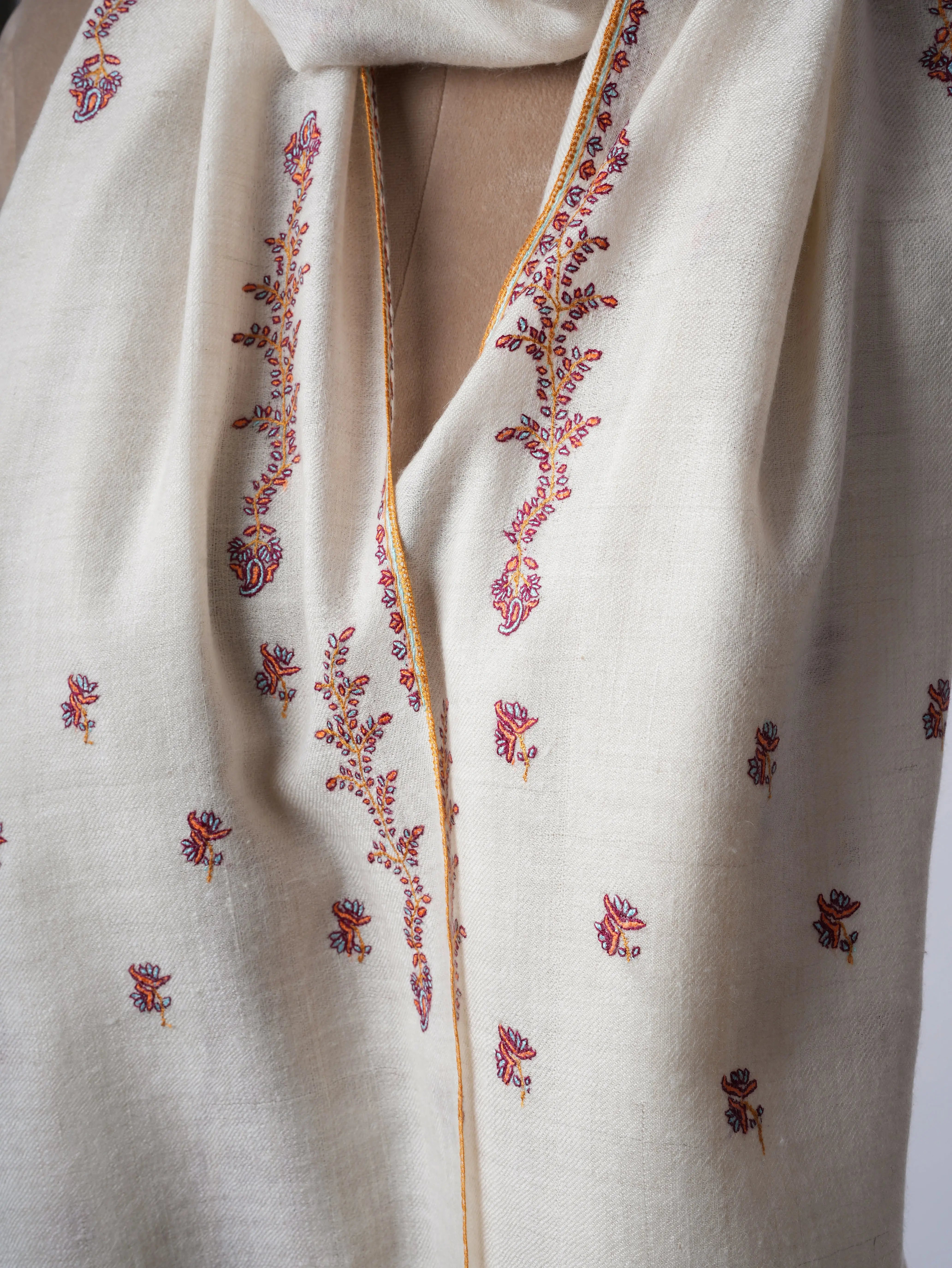 Baby Soft Ivory Cashmere Scarf with Delicate Needlework Shahkaar