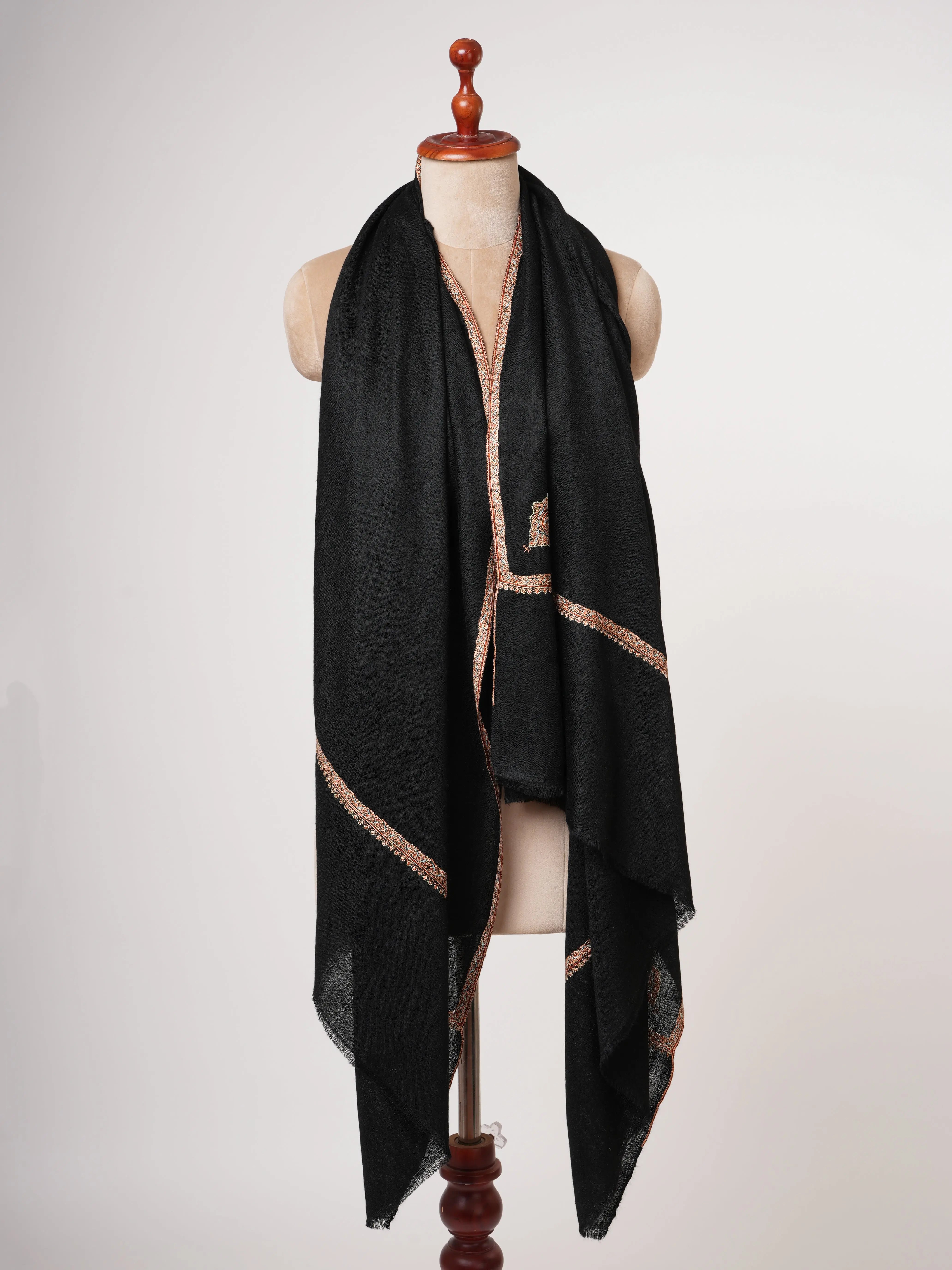 Baby Soft Kashmiri Black Pashmina Shawl with Bail Embroidery Shahkaar