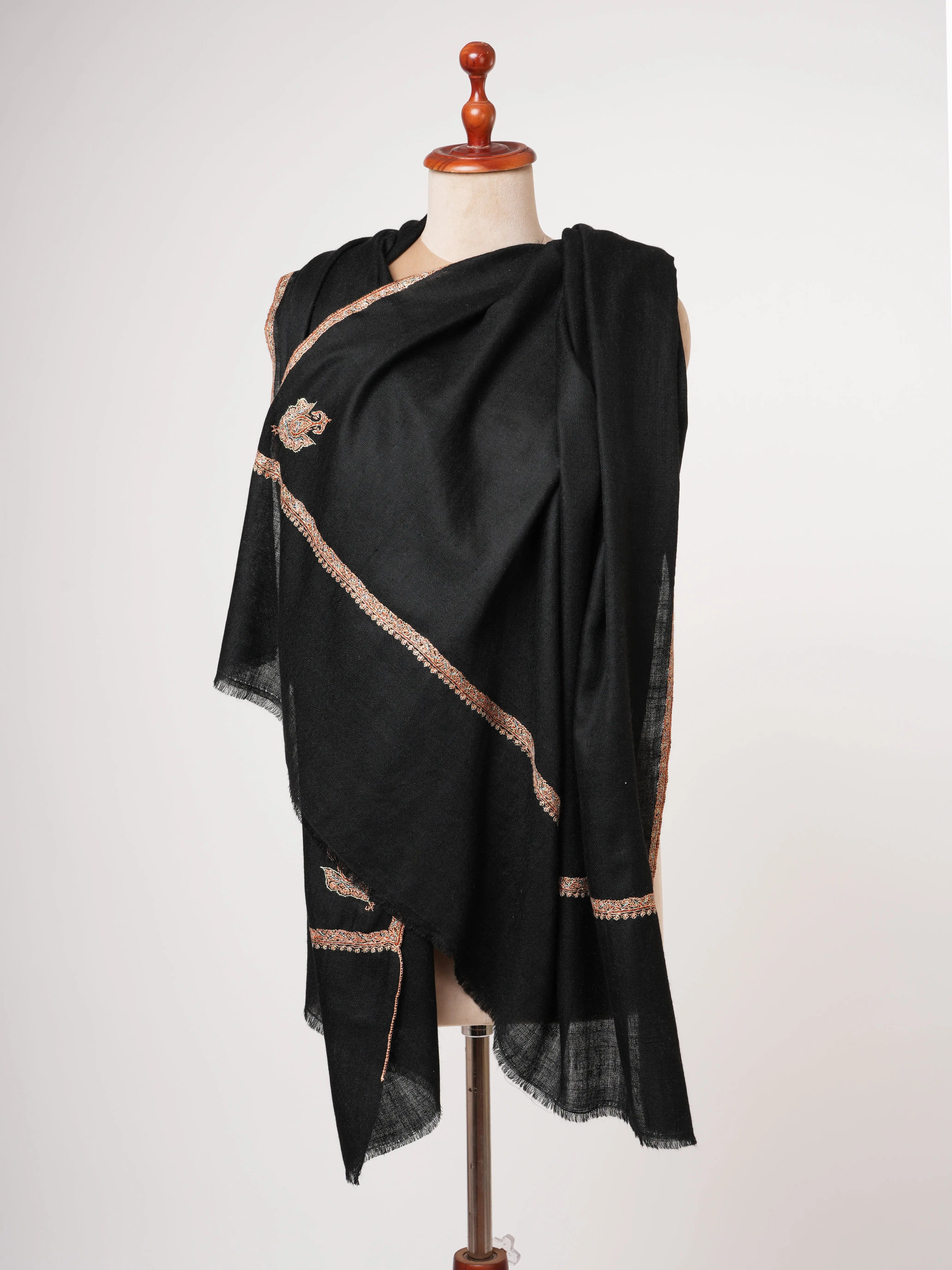 Baby Soft Kashmiri Black Pashmina Shawl with Bail Embroidery Shahkaar