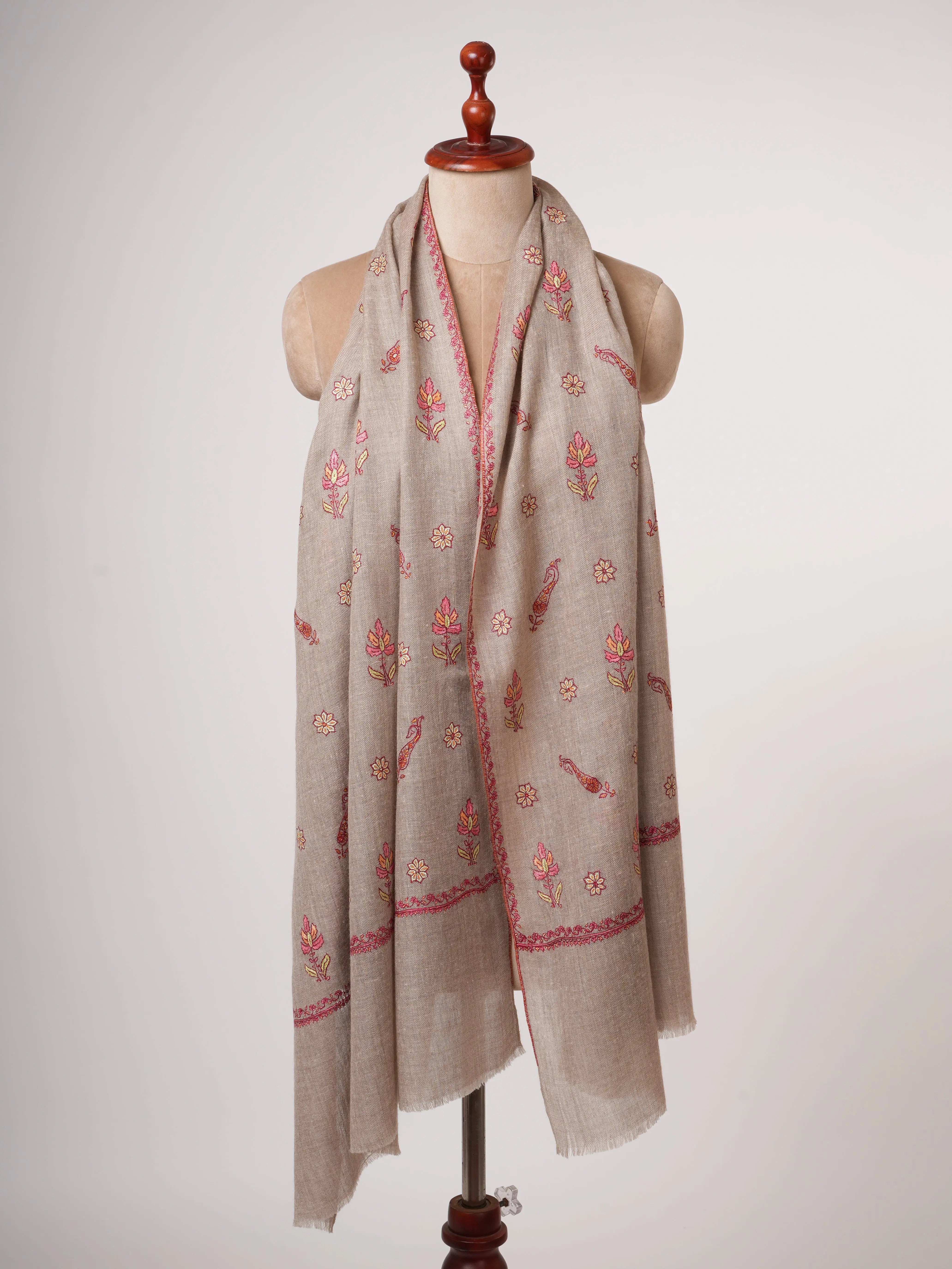 Baby Soft Natural Grey Cashmere Scarf with Fine Hand Embroidery – Elegant Everyday Luxury Shahkaar