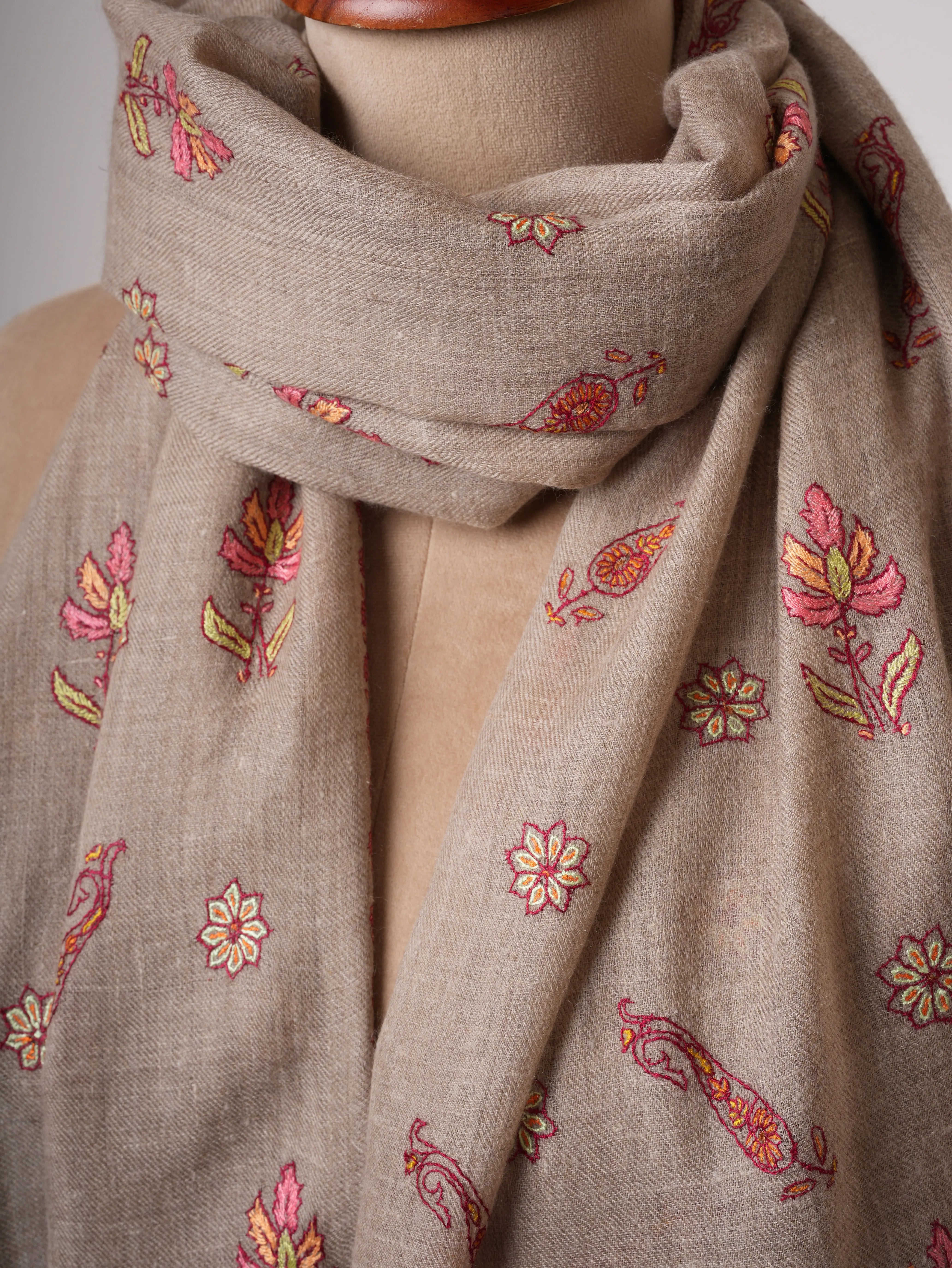 Baby Soft Natural Grey Cashmere Scarf with Fine Hand Embroidery – Elegant Everyday Luxury Shahkaar