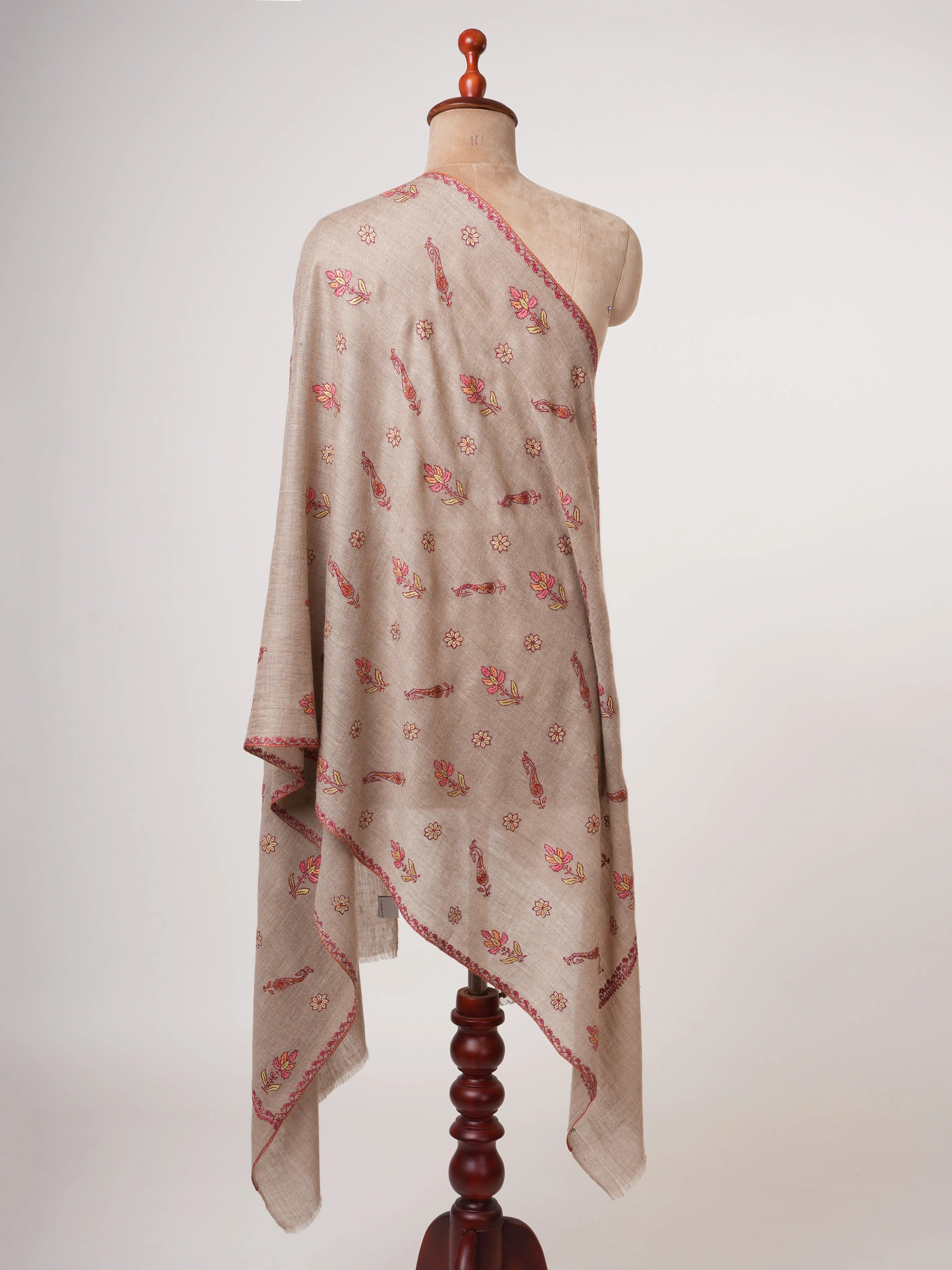 Baby Soft Natural Grey Cashmere Scarf with Fine Hand Embroidery – Elegant Everyday Luxury Shahkaar