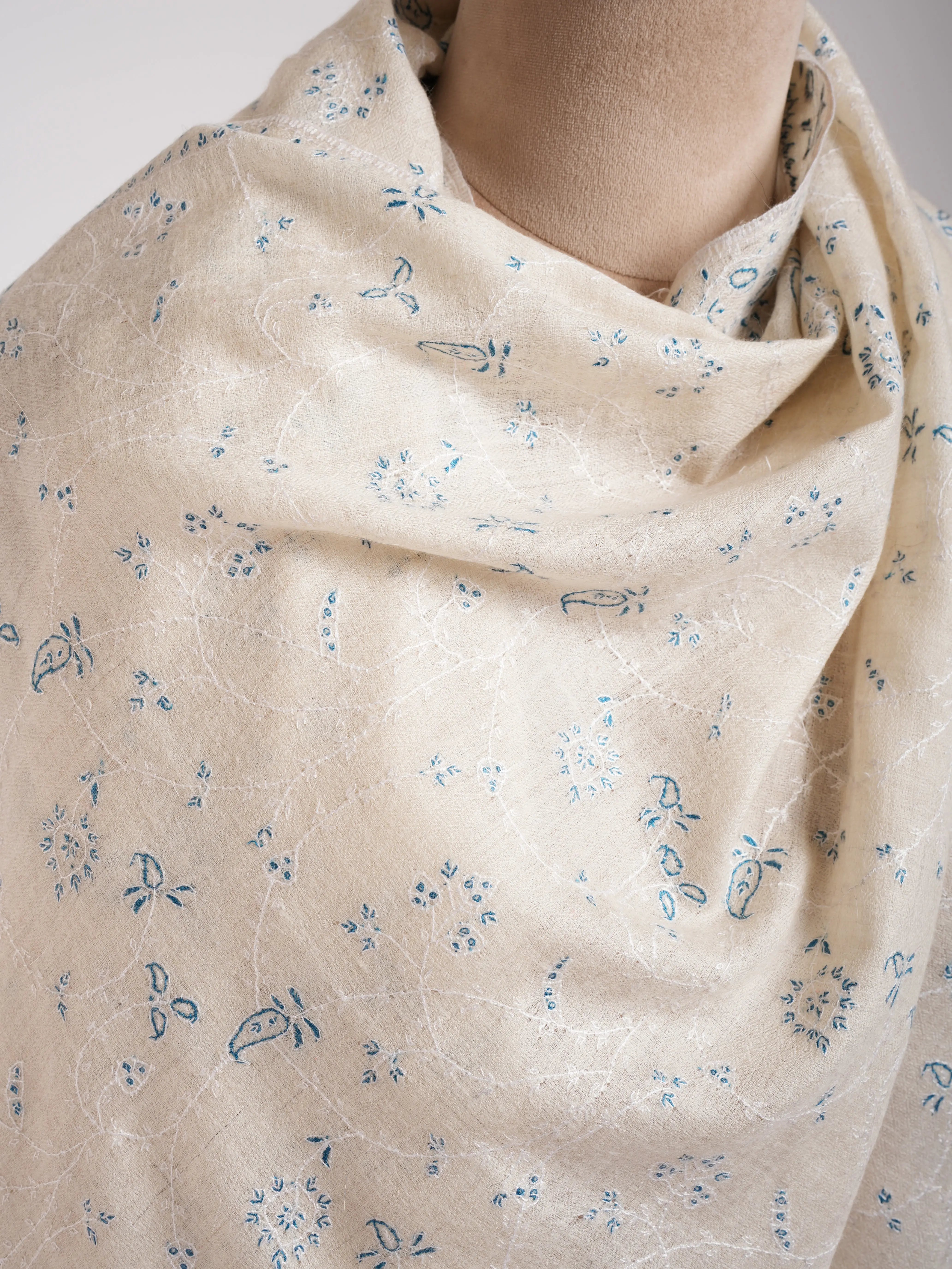 Beautiful White Pashmina Shawl With Blue Embroidery Shahkaar