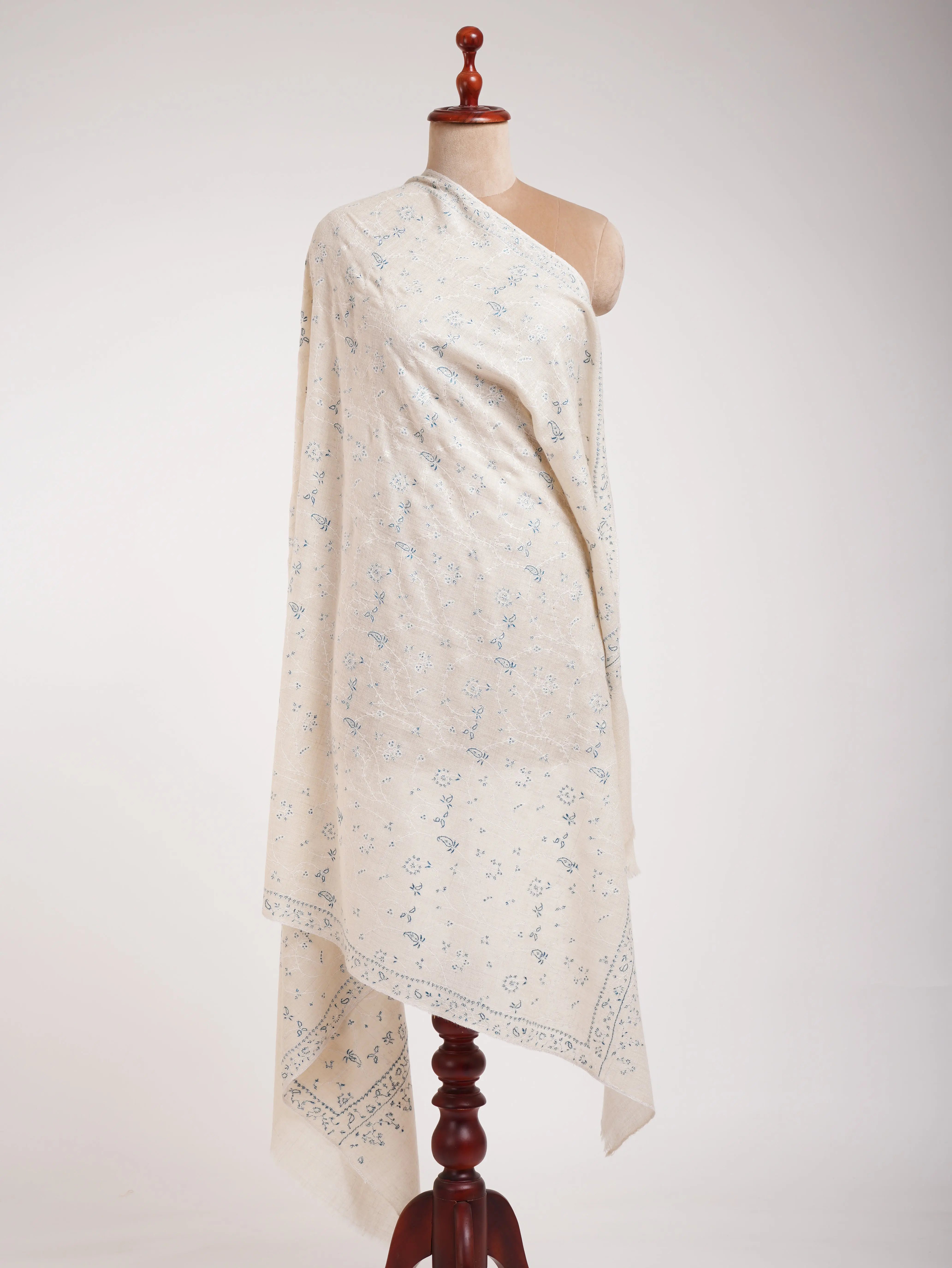 Beautiful White Pashmina Shawl With Blue Embroidery Shahkaar