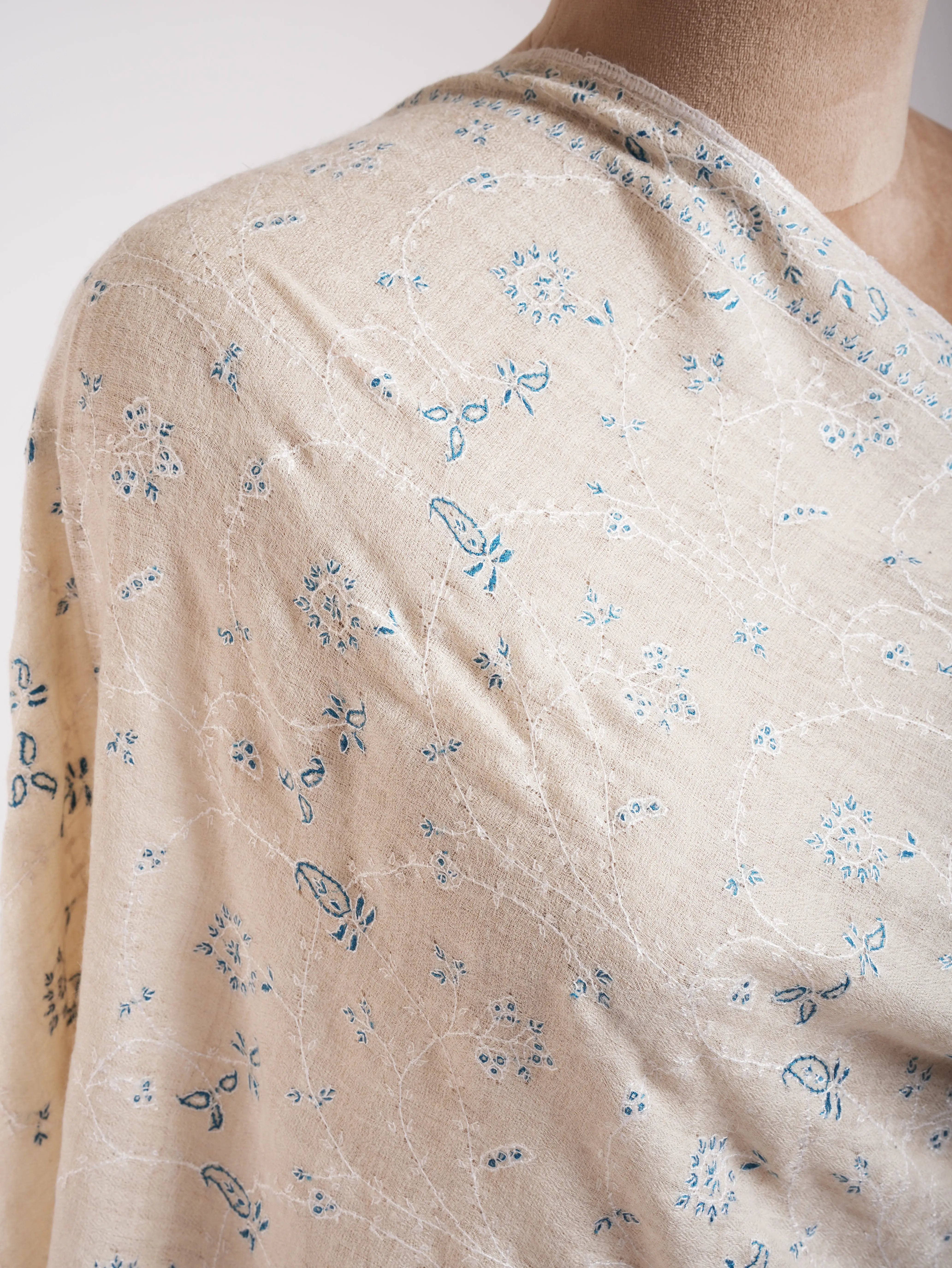 Beautiful White Pashmina Shawl With Blue Embroidery Shahkaar