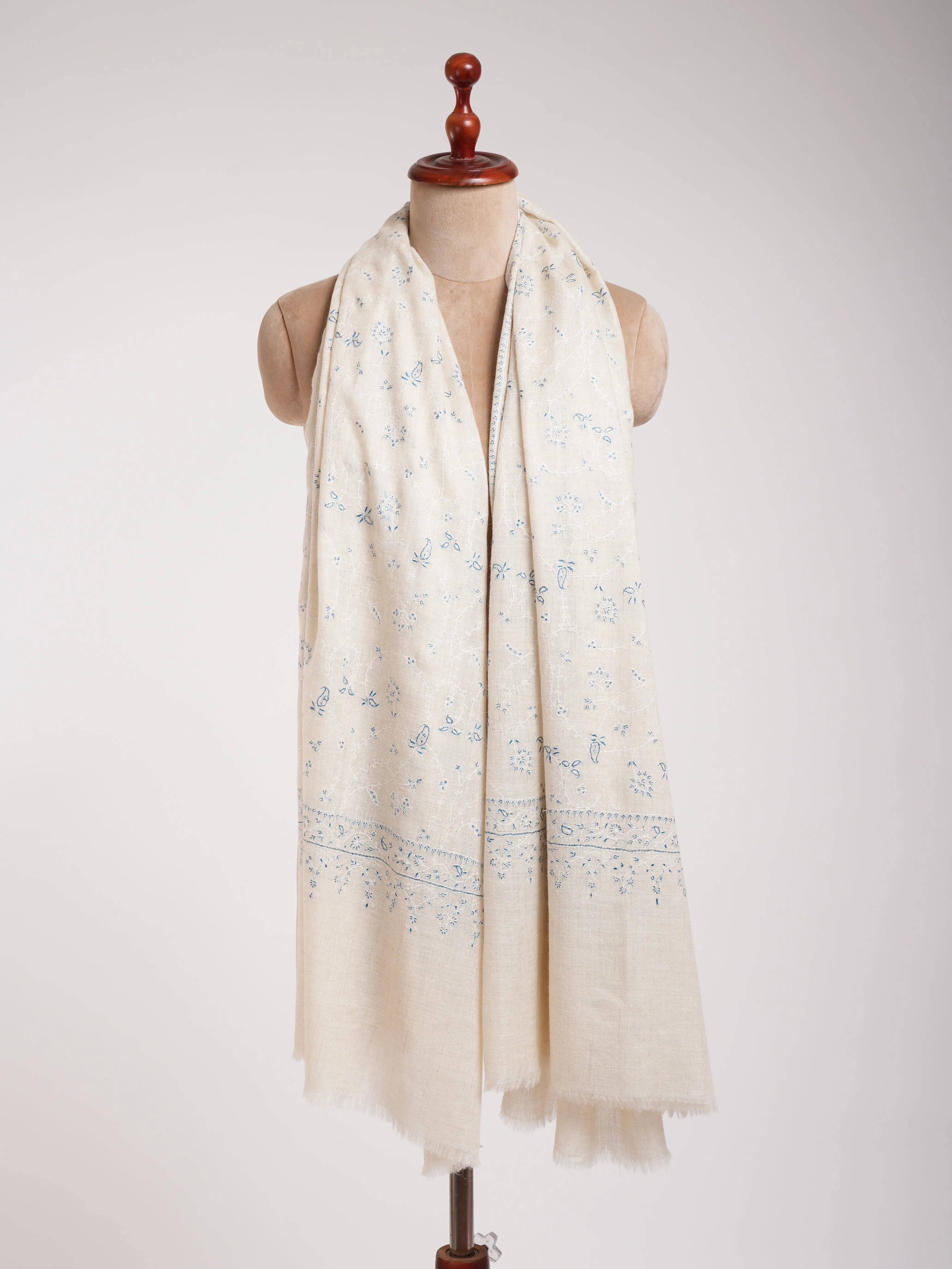 Beautiful White Pashmina Shawl With Blue Embroidery Shahkaar