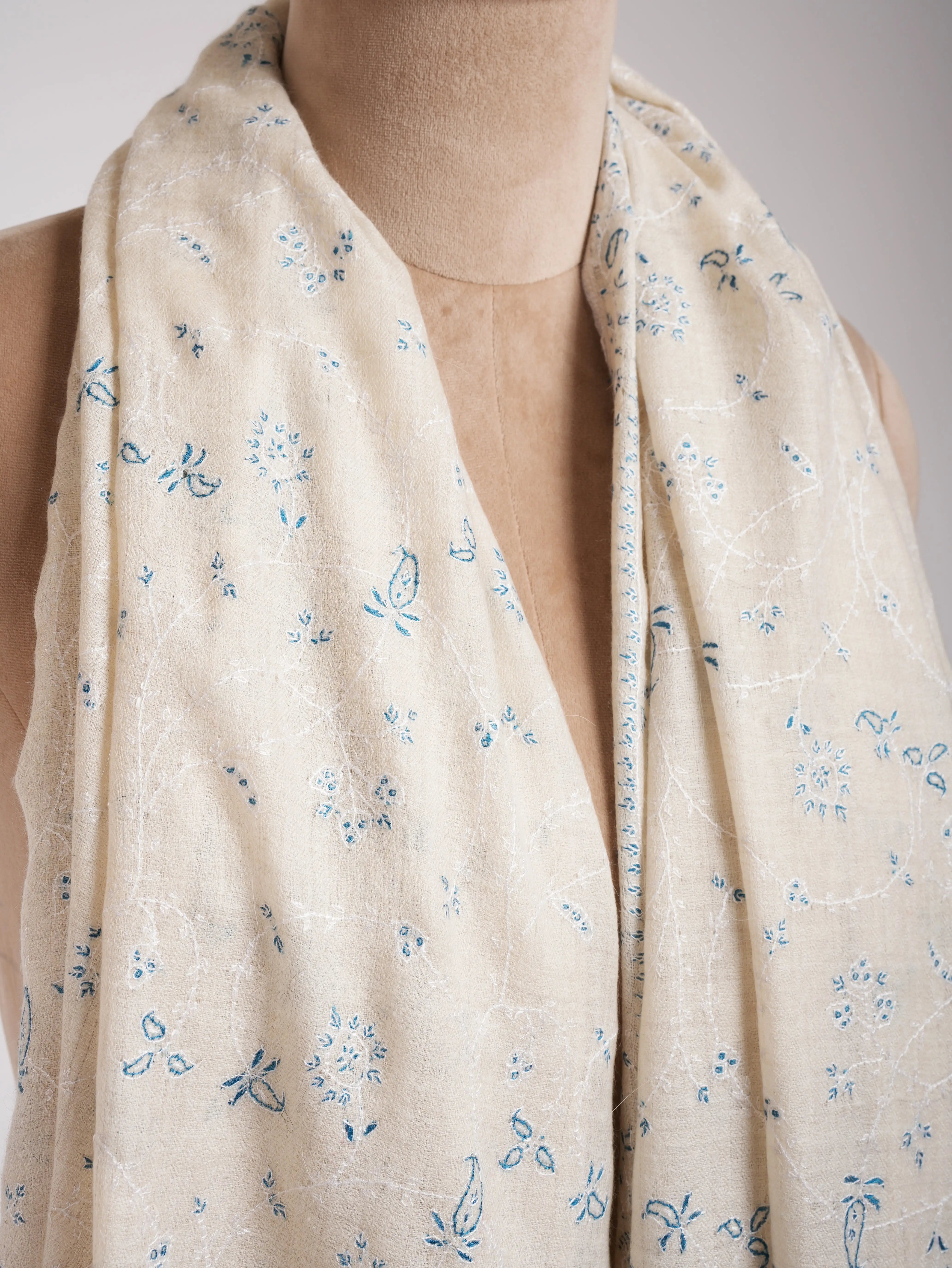 Beautiful White Pashmina Shawl With Blue Embroidery Shahkaar