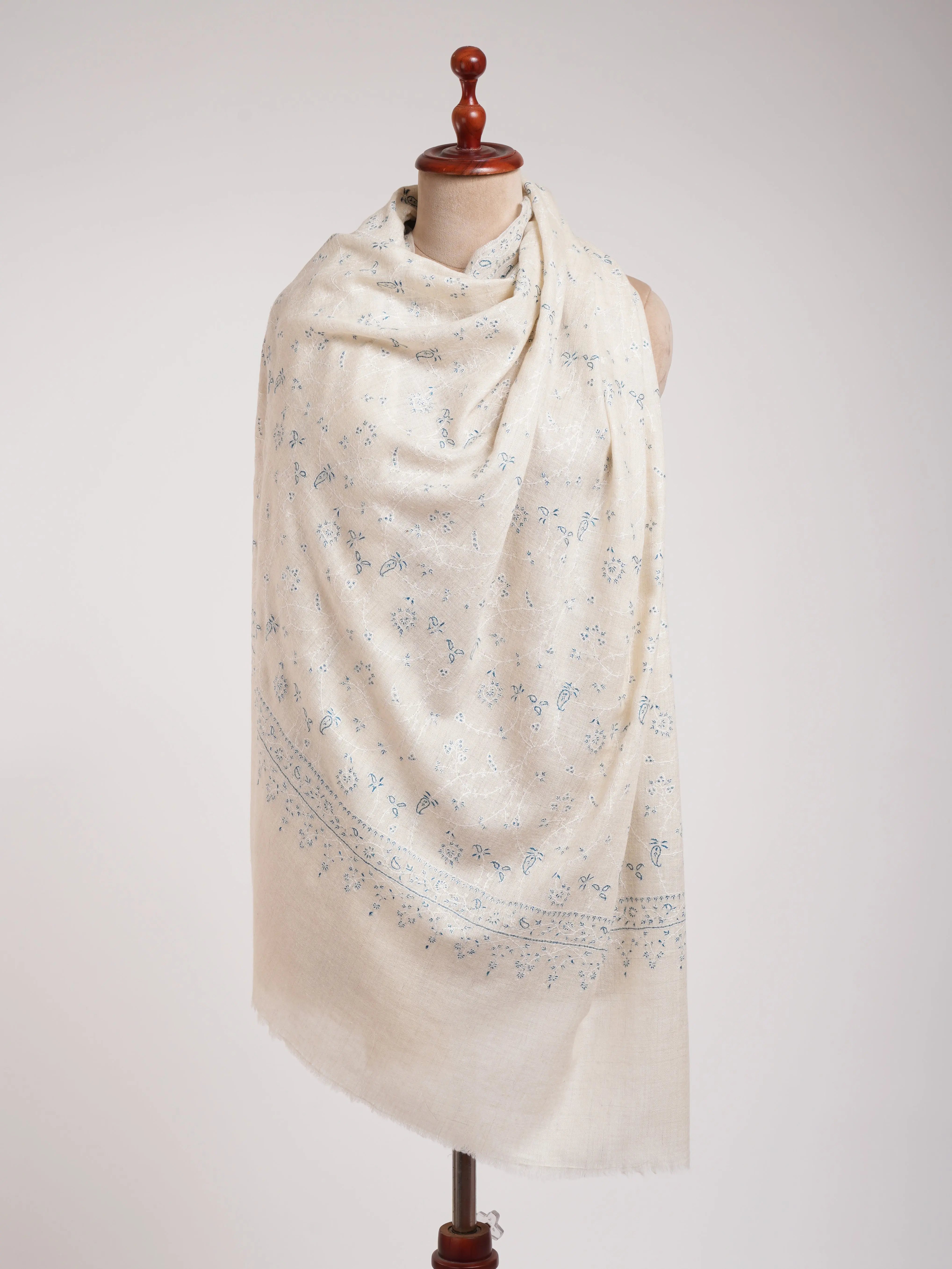 Beautiful White Pashmina Shawl With Blue Embroidery Shahkaar