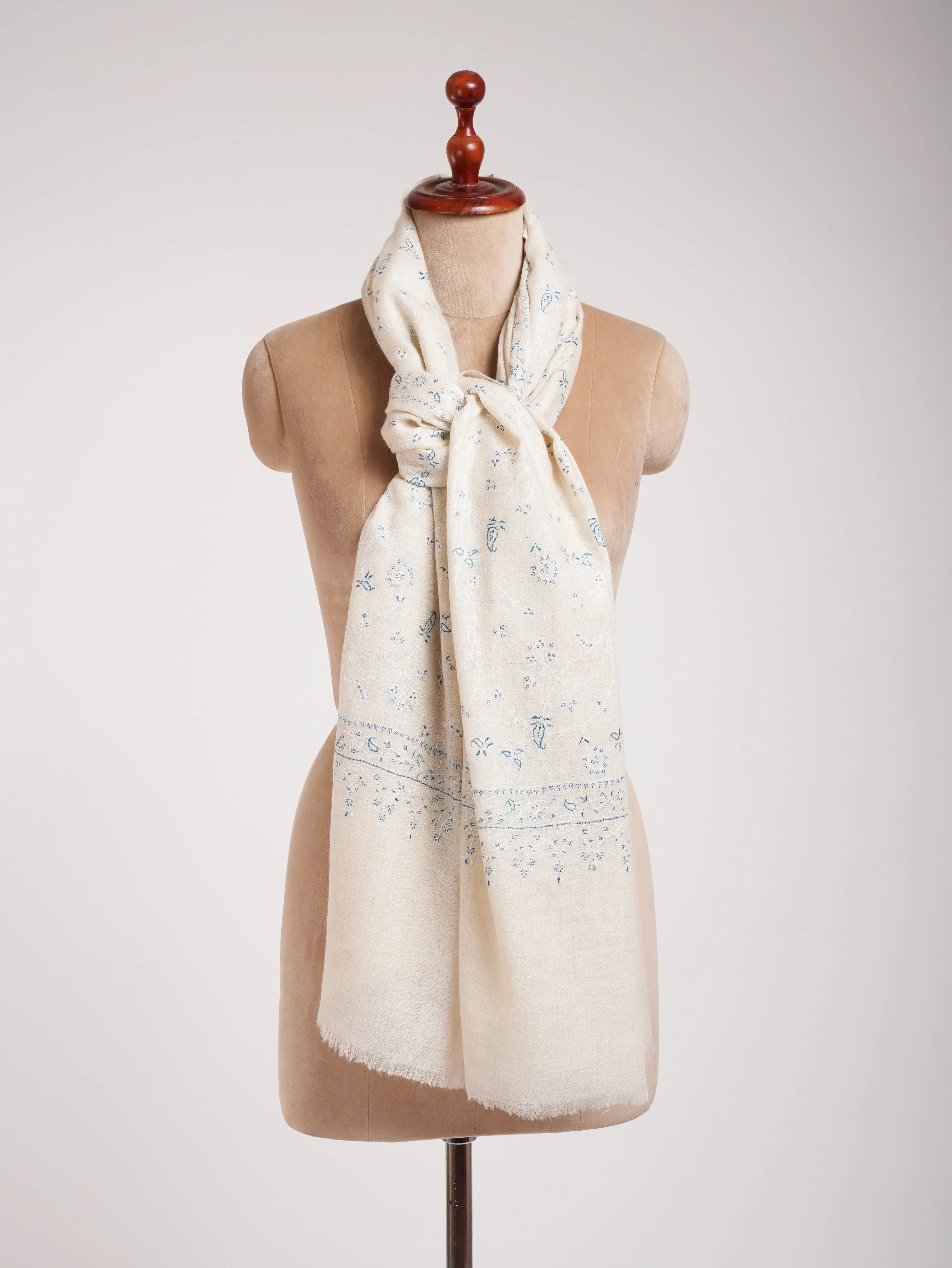Beautiful White Pashmina Shawl With Blue Embroidery Shahkaar
