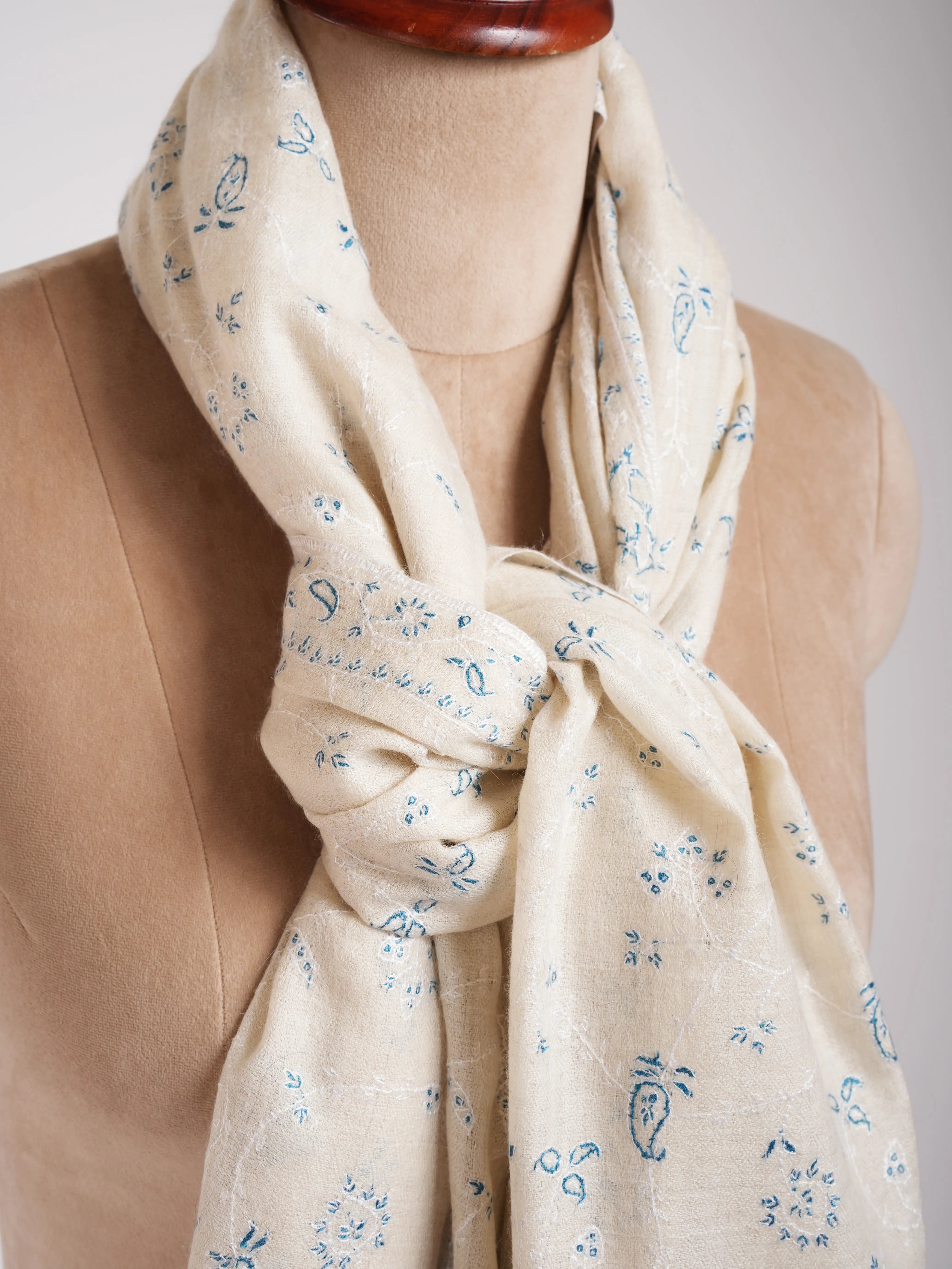 Beautiful White Pashmina Shawl With Blue Embroidery Shahkaar