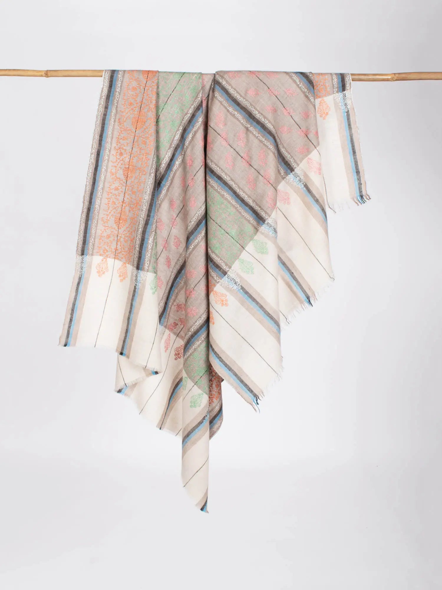 Beige Blue White and Black Pashmina Wool Shawl - MUNCIE Shahkaar