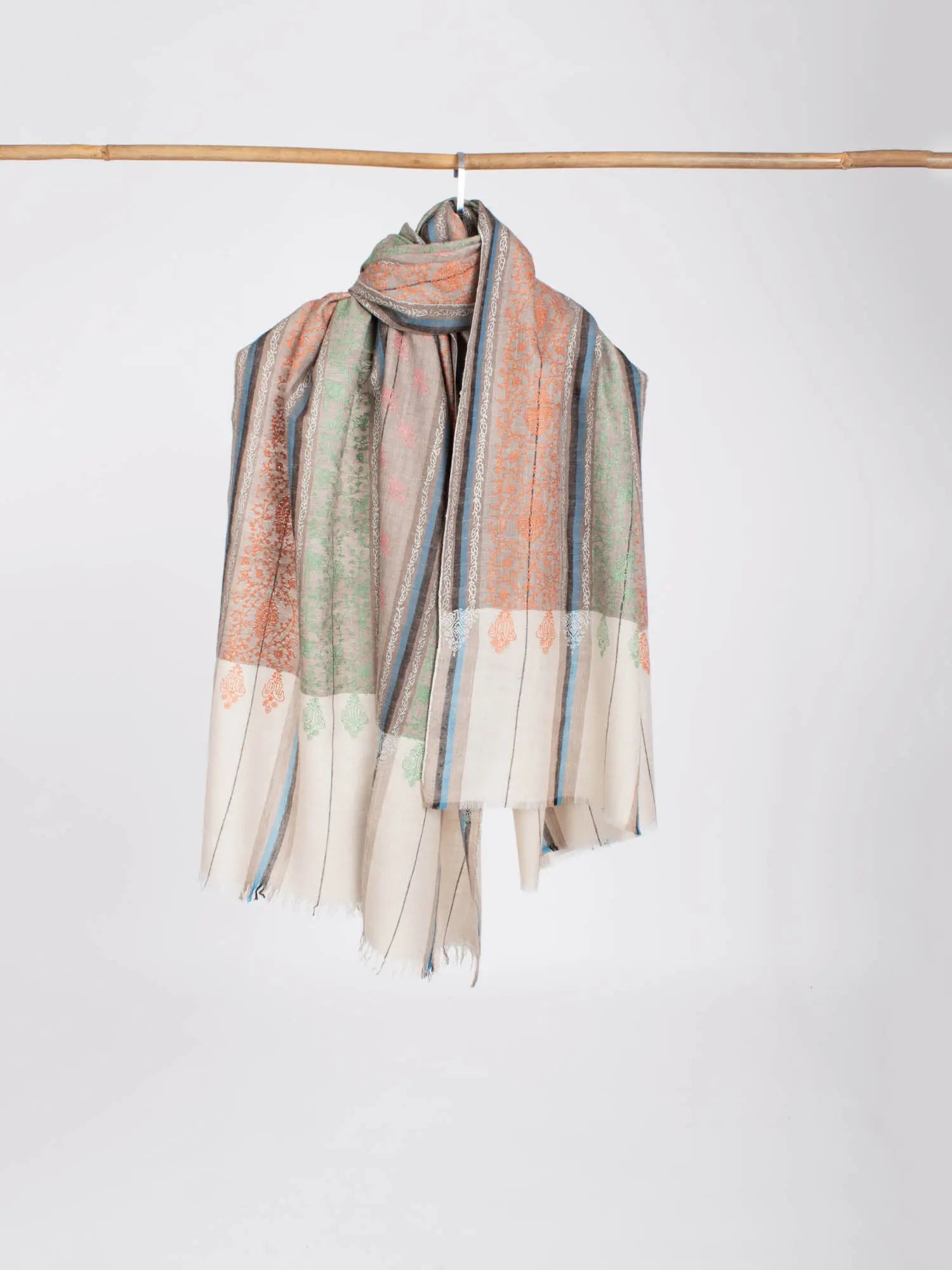 Beige Blue White and Black Pashmina Wool Shawl - MUNCIE Shahkaar