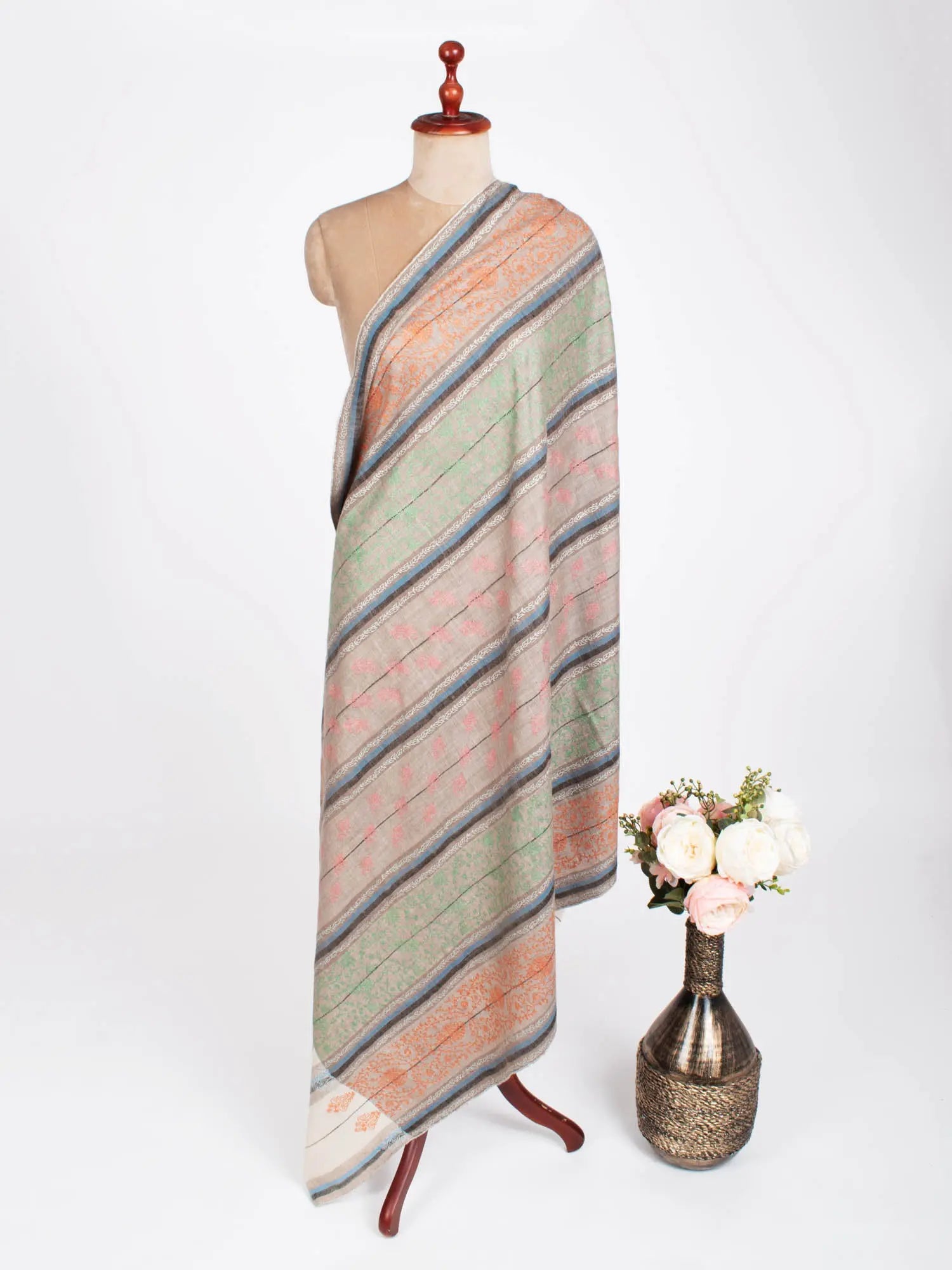Beige Blue White and Black Pashmina Wool Shawl - MUNCIE Shahkaar