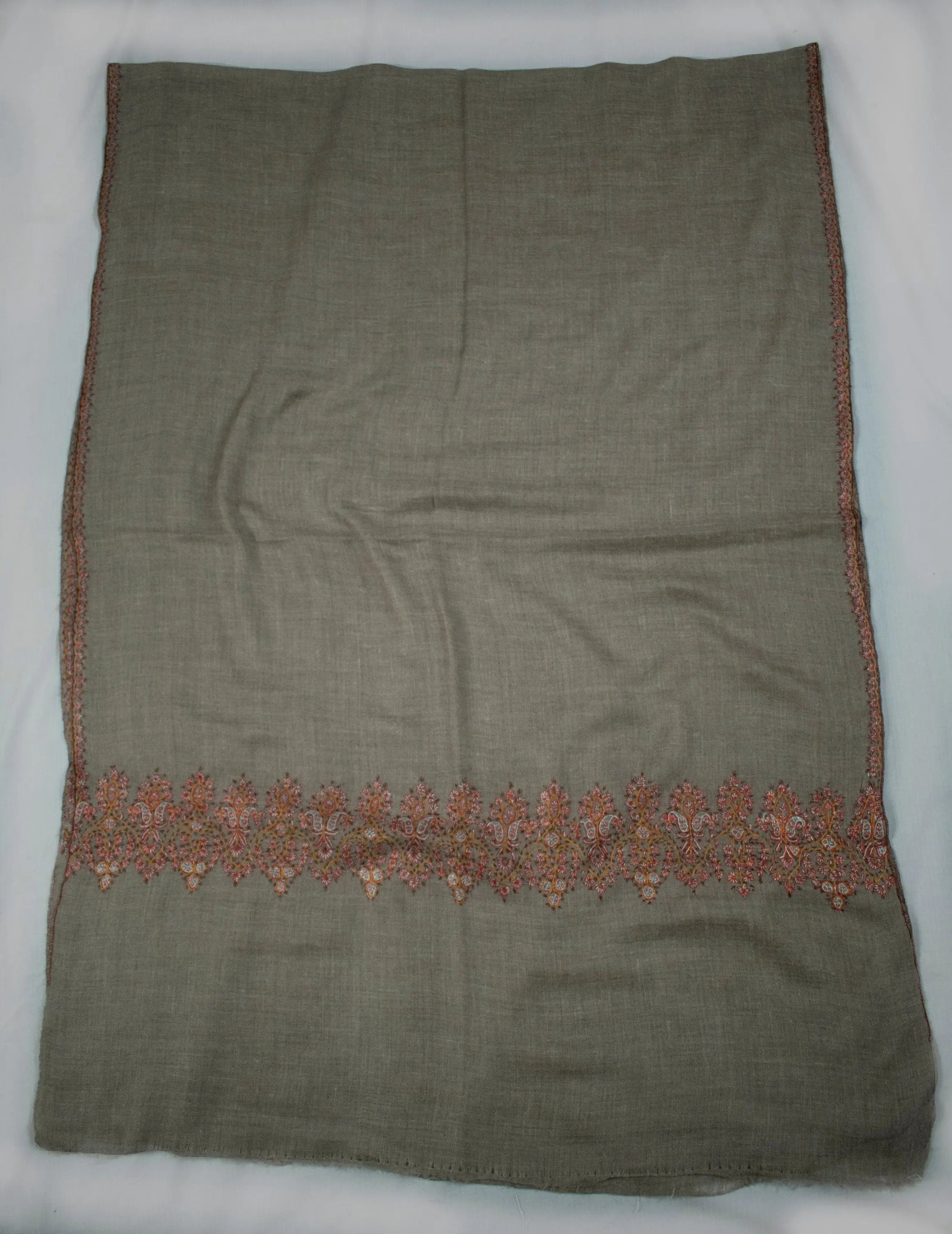 Beige Border Sozni Pure Pashmina/Cashmere Scarf Wrap Jali, Handwoven on Hand loom & Hand Embroided in Kashmir, Masterpiece, King of Wool Shahkaar
