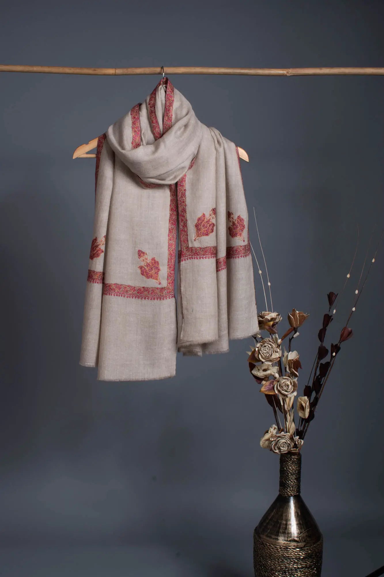 Beige Original Embroidered Pashmina Shawl - ADIL Shahkaar