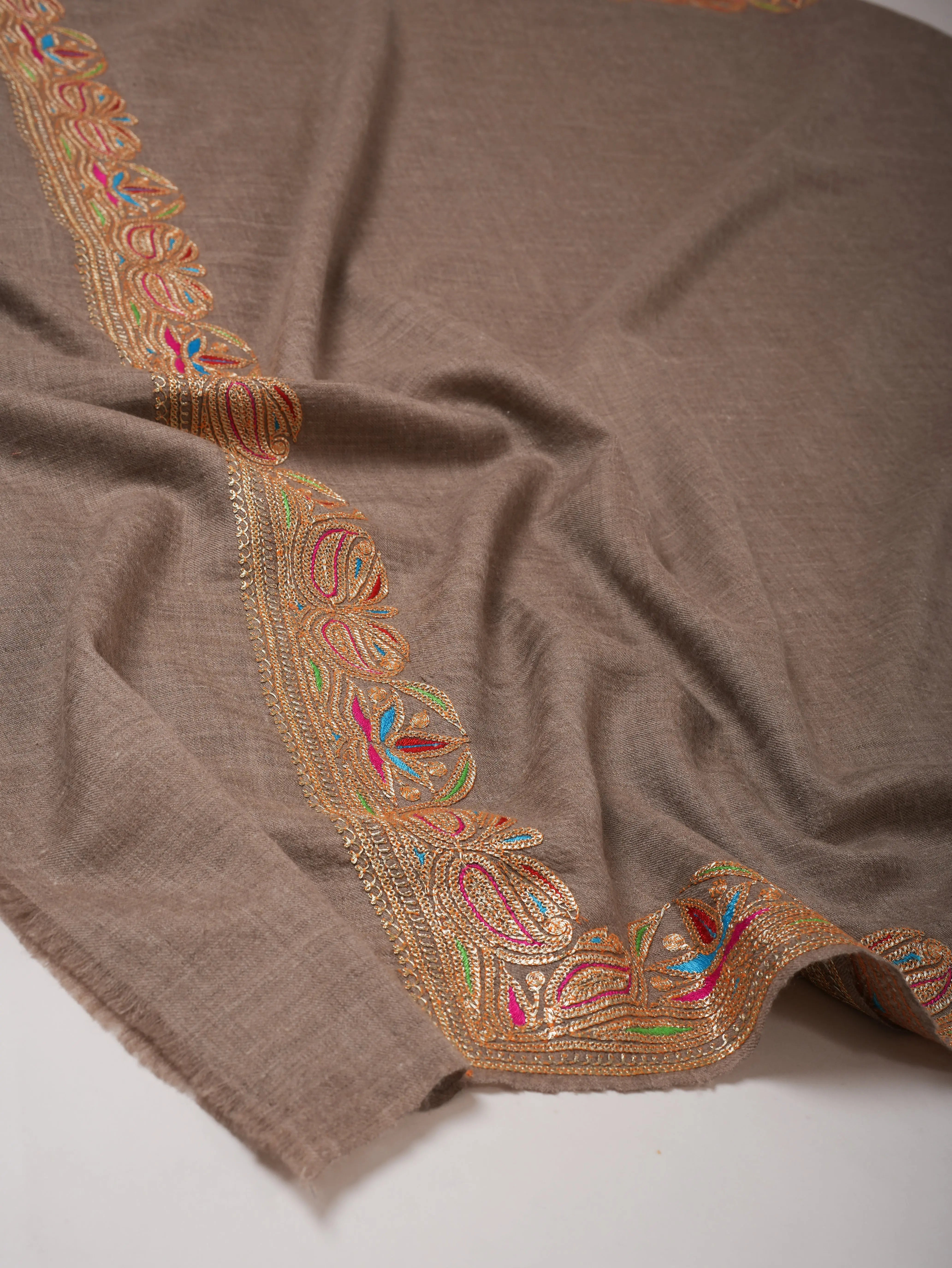 Beige Pashmina Shawl with Hand Embroidery | Kashmiri Heirloom Wrap Shahkaar