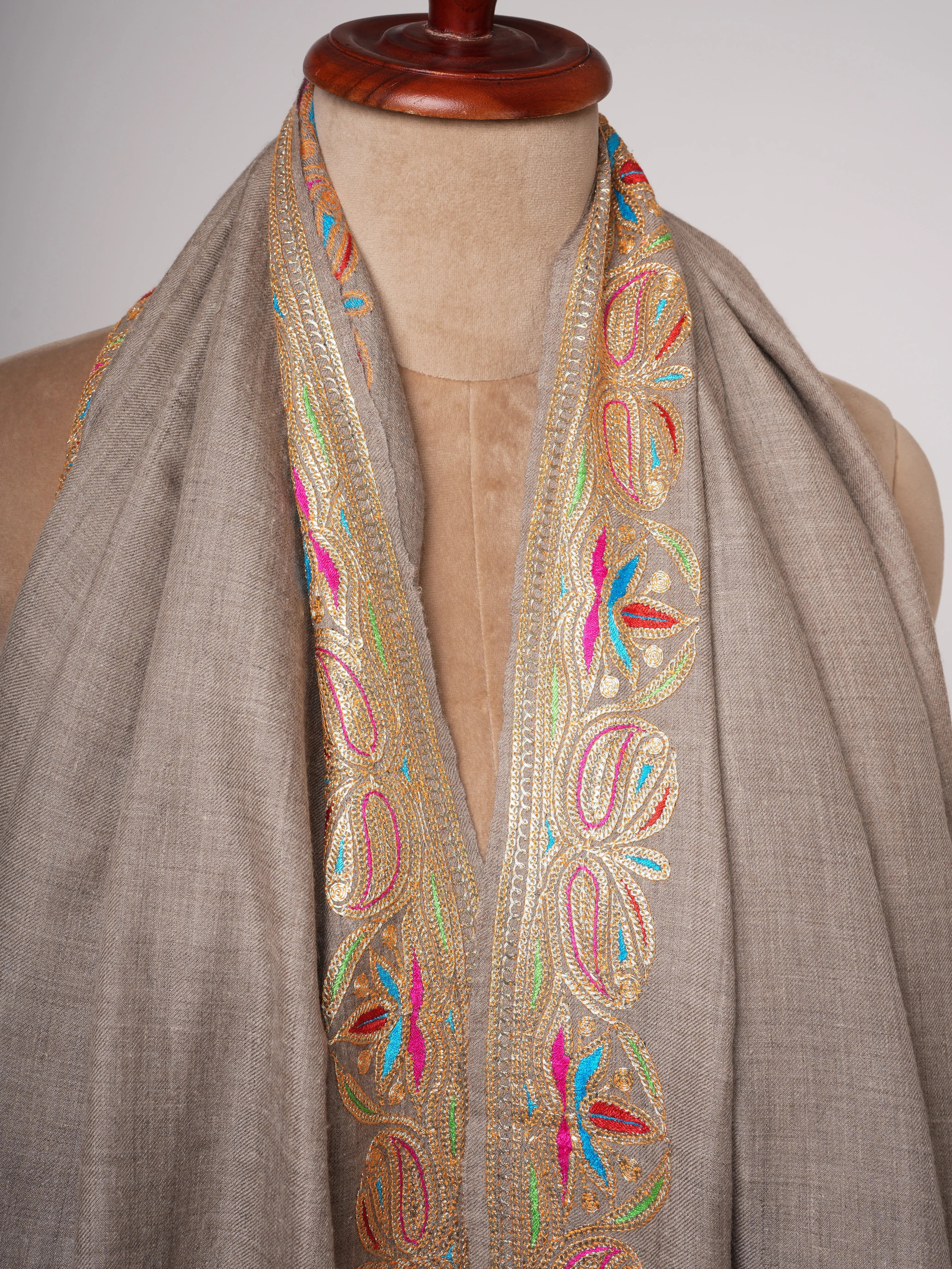Beige Pashmina Shawl with Hand Embroidery | Kashmiri Heirloom Wrap Shahkaar