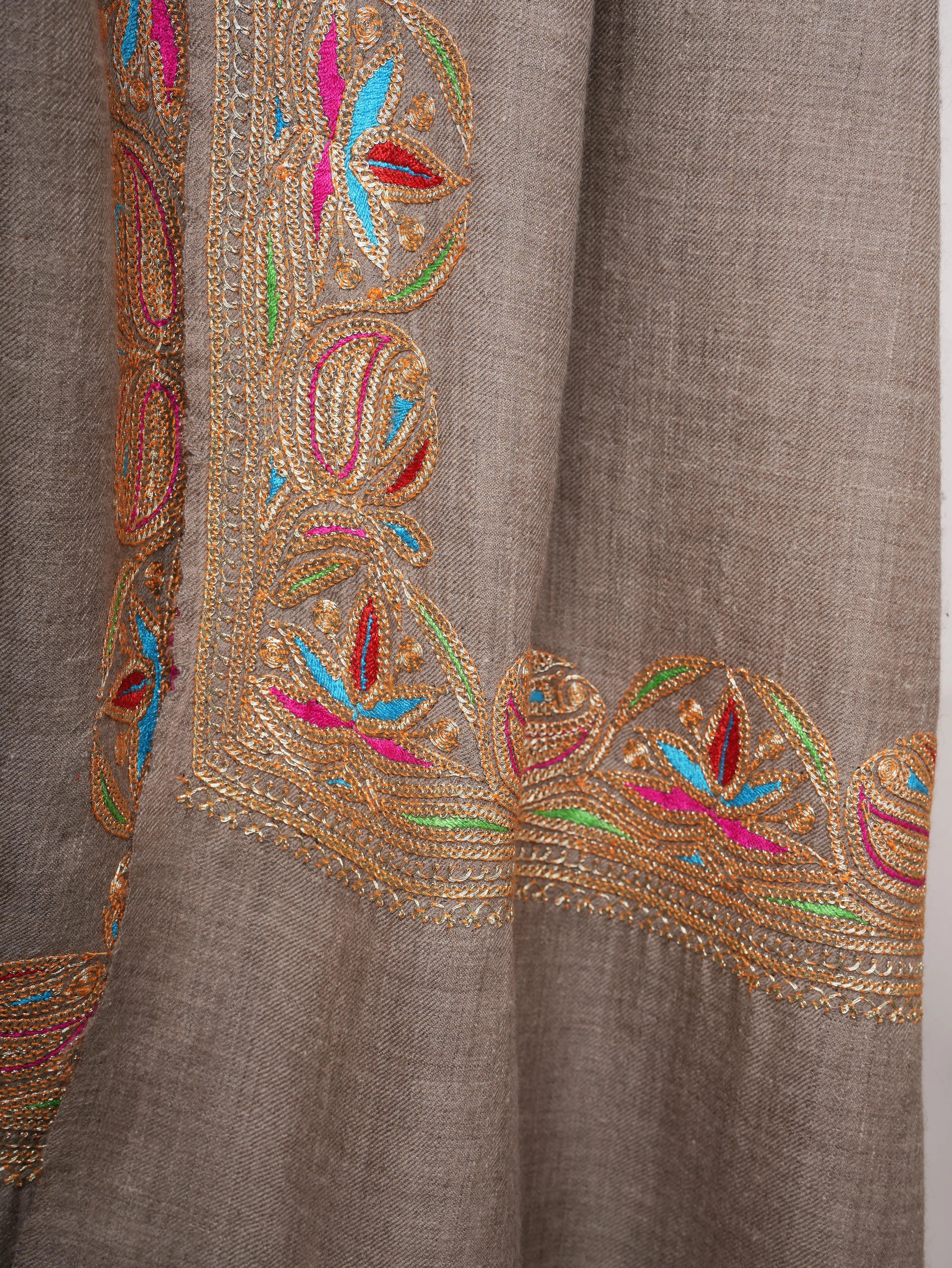 Beige Pashmina Shawl with Hand Embroidery | Kashmiri Heirloom Wrap Shahkaar