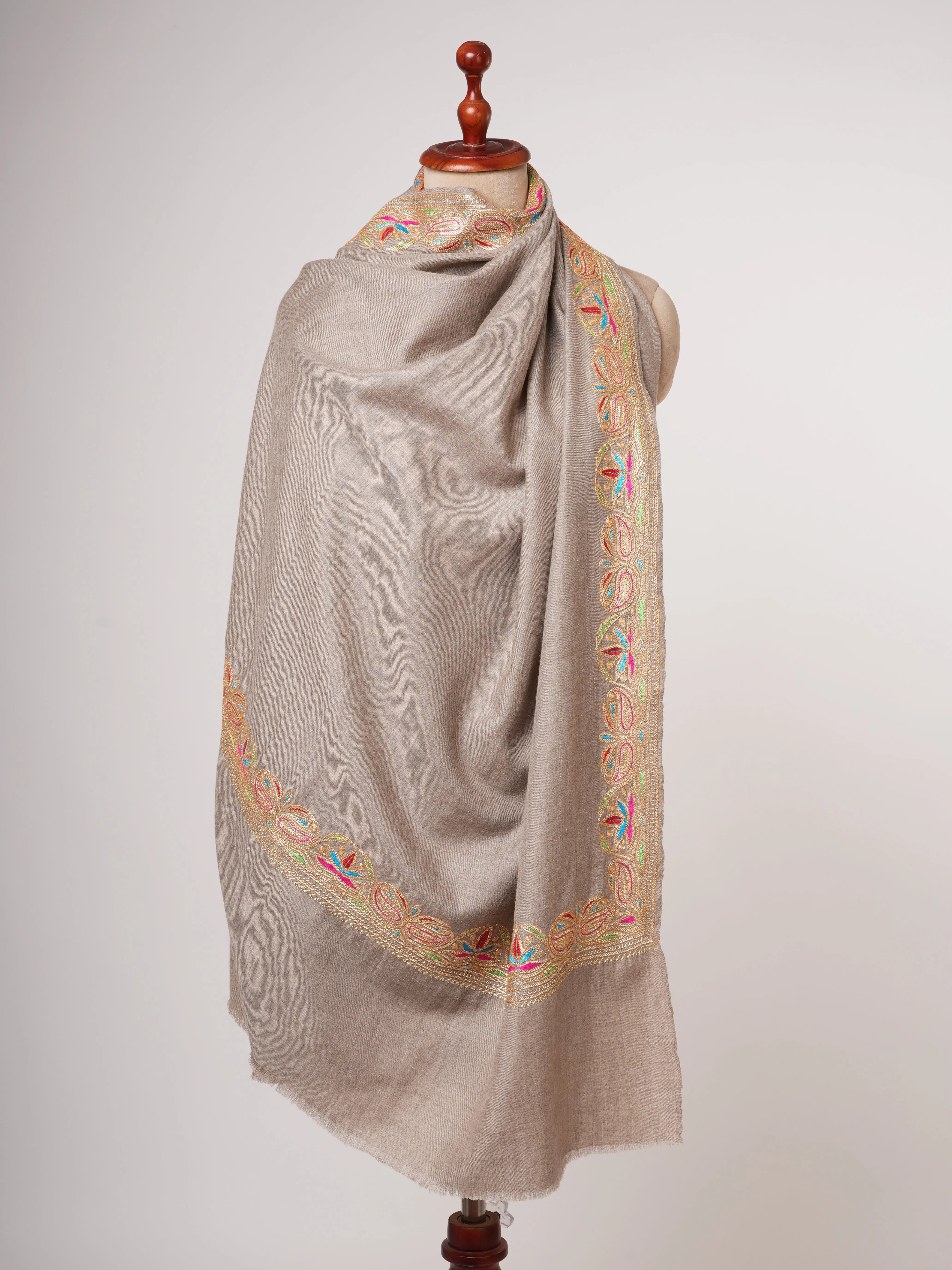 Beige Pashmina Shawl with Hand Embroidery | Kashmiri Heirloom Wrap Shahkaar