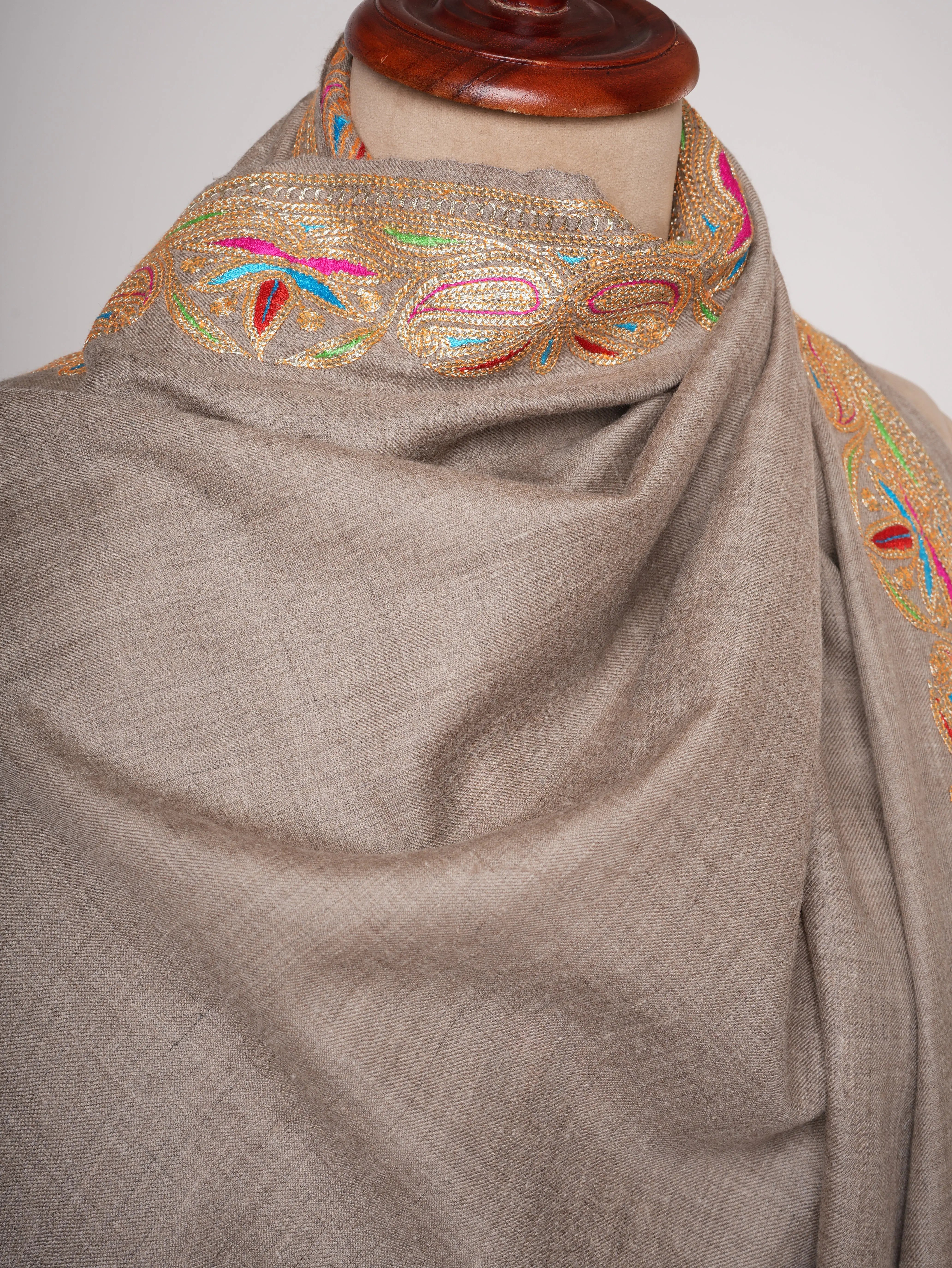 Beige Pashmina Shawl with Hand Embroidery | Kashmiri Heirloom Wrap Shahkaar