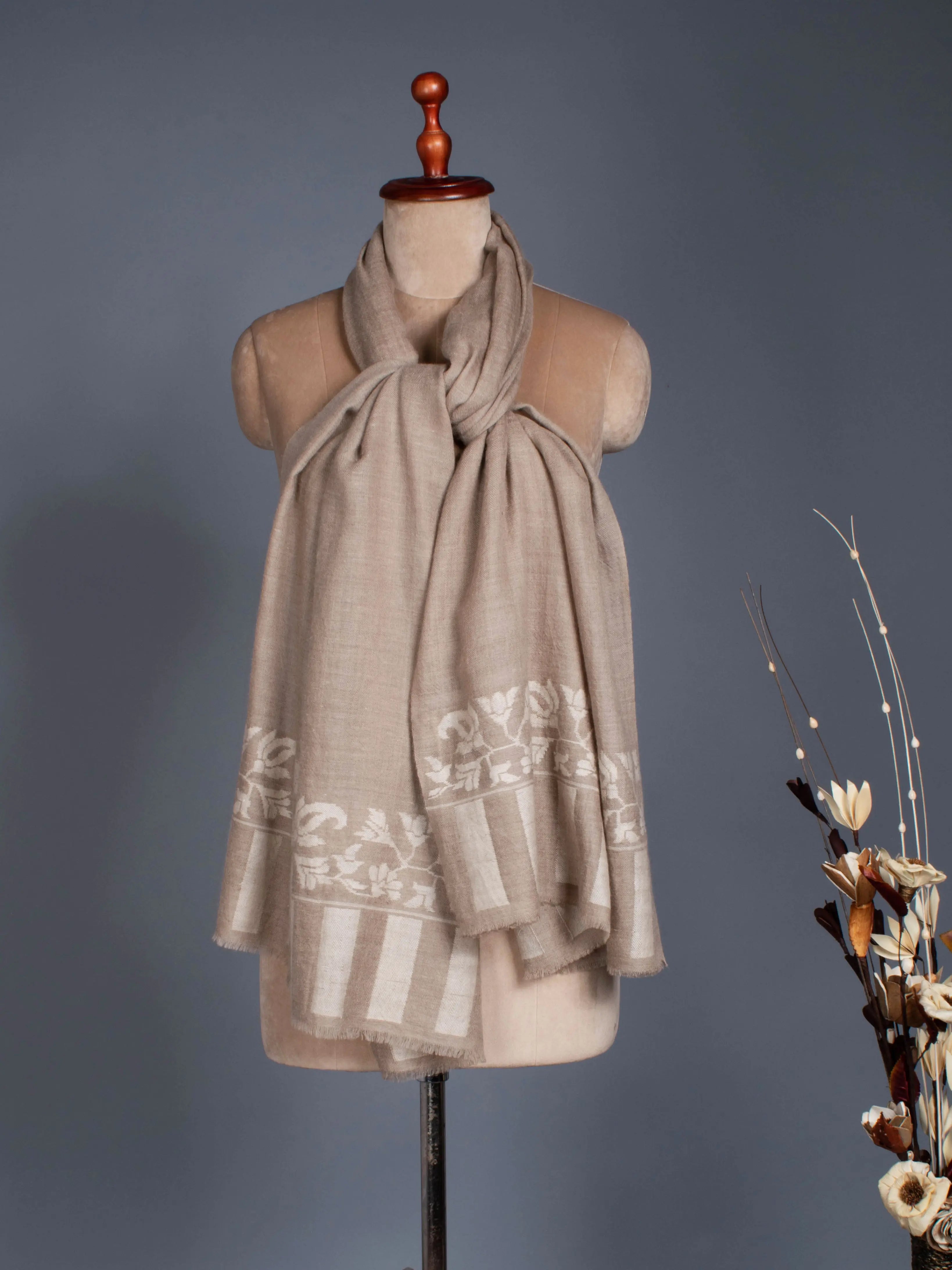 Beige and White Handmade Kani Cashmere Scarf Shahkaar