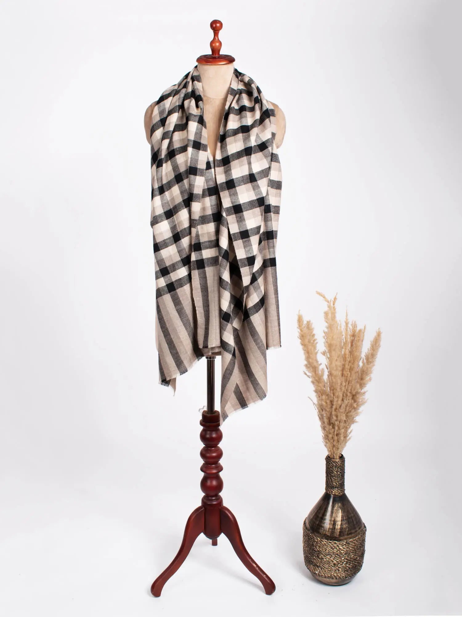 Beige, Black, and White Checkered Cashmere Pashmina Scarf - PONTIAC Shahkaar