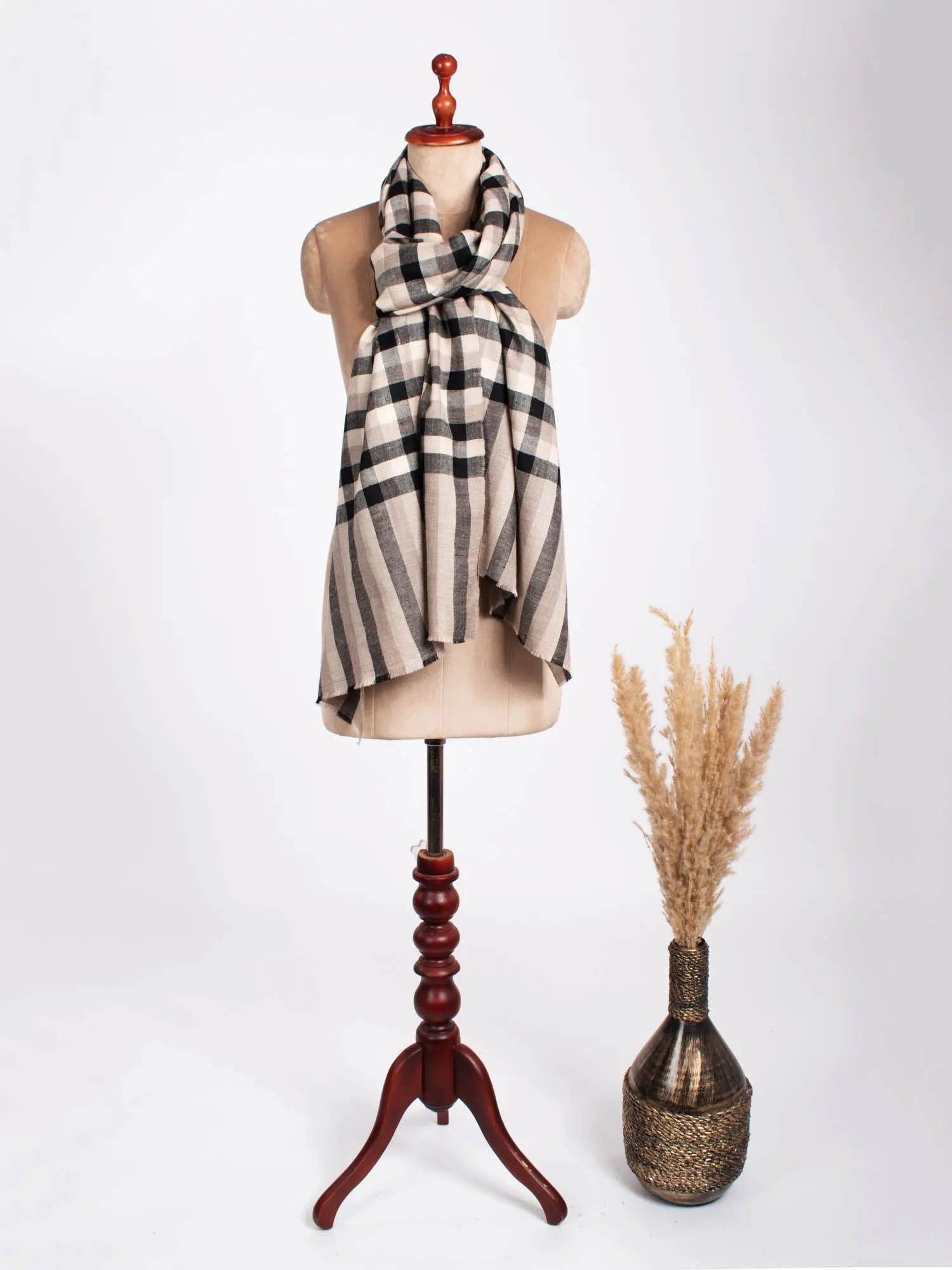 Beige, Black, and White Checkered Cashmere Pashmina Scarf - PONTIAC Shahkaar