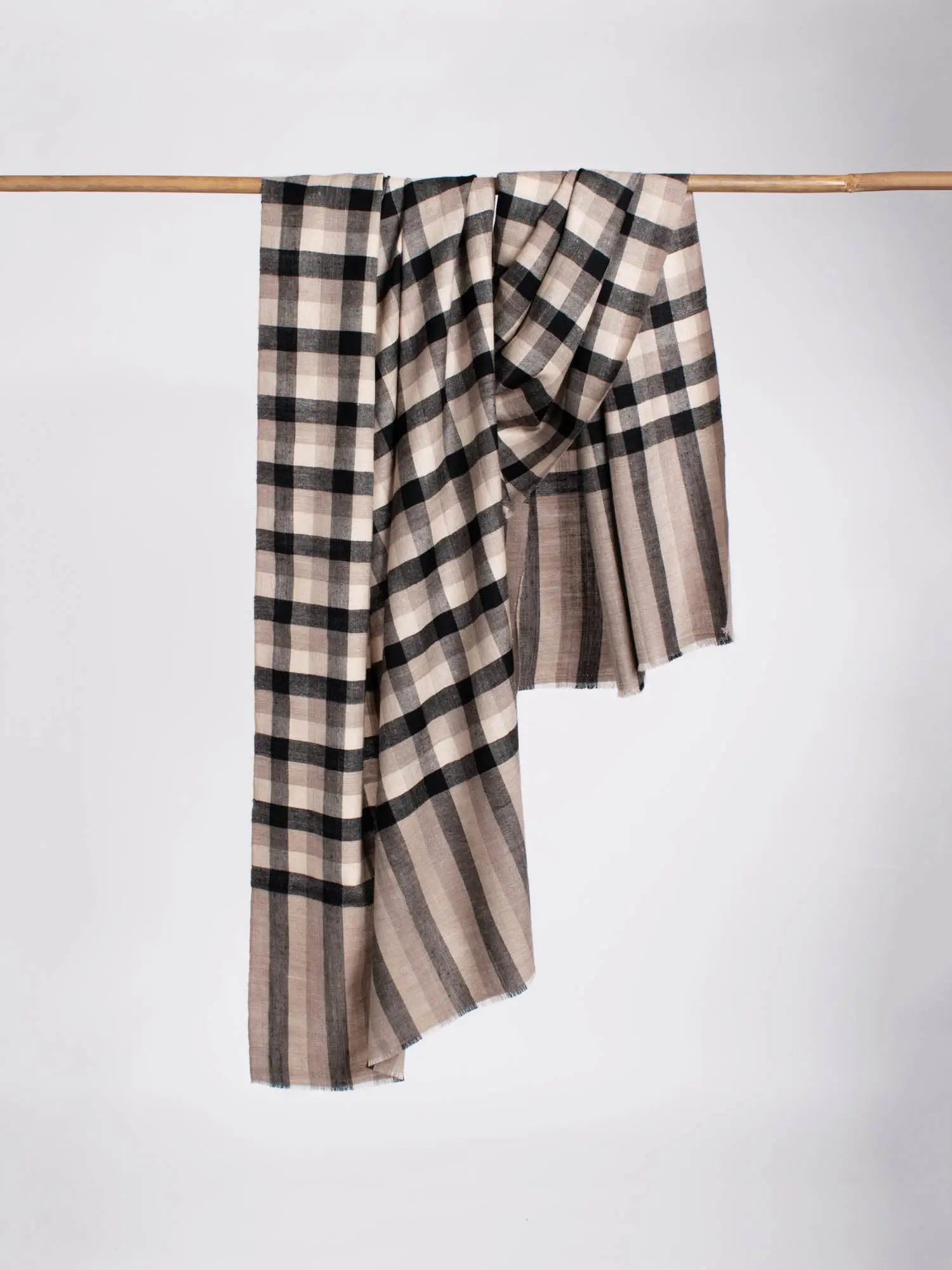 Beige, Black, and White Checkered Cashmere Pashmina Scarf - PONTIAC Shahkaar