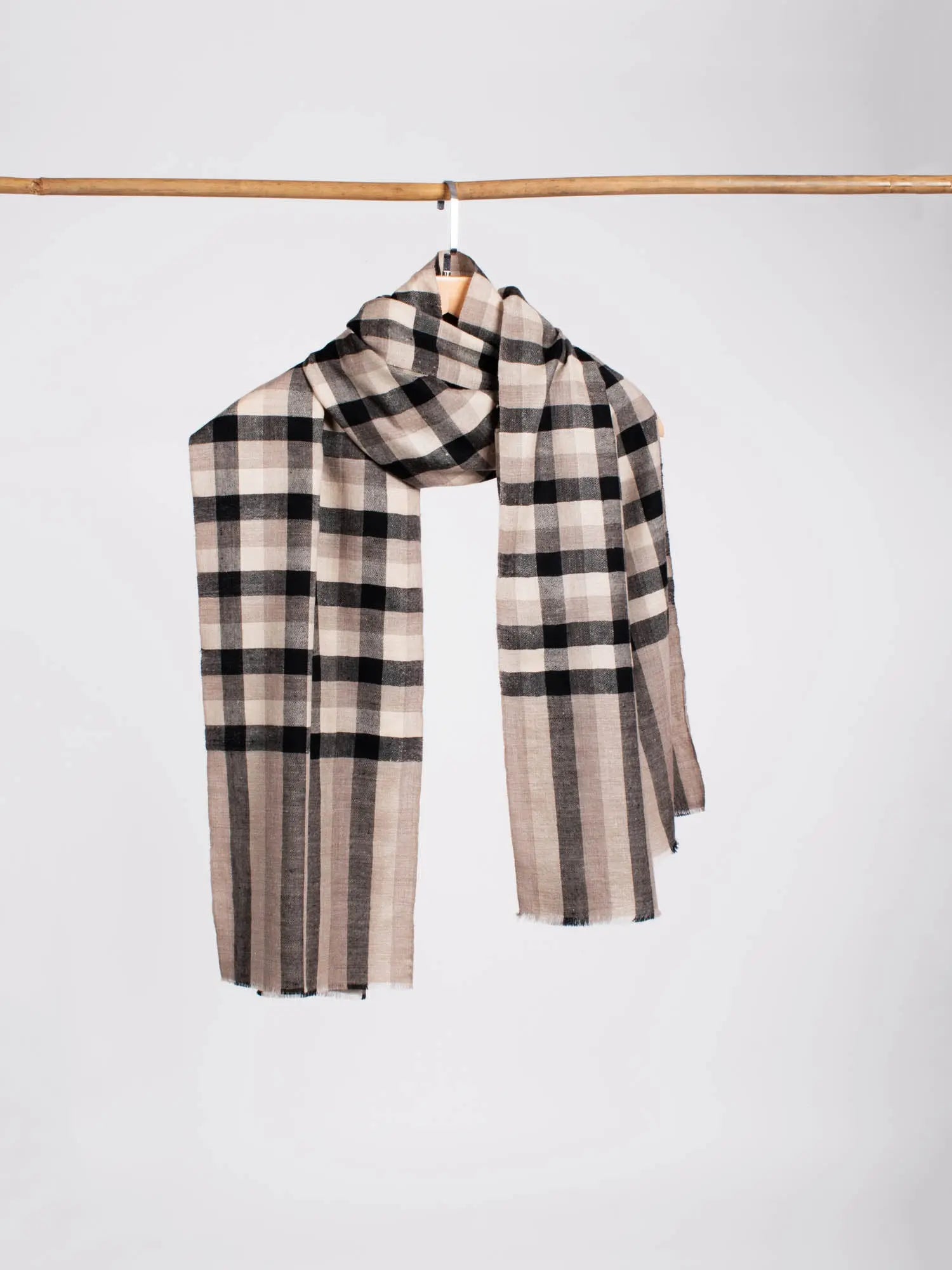 Beige, Black, and White Checkered Cashmere Pashmina Scarf - PONTIAC Shahkaar