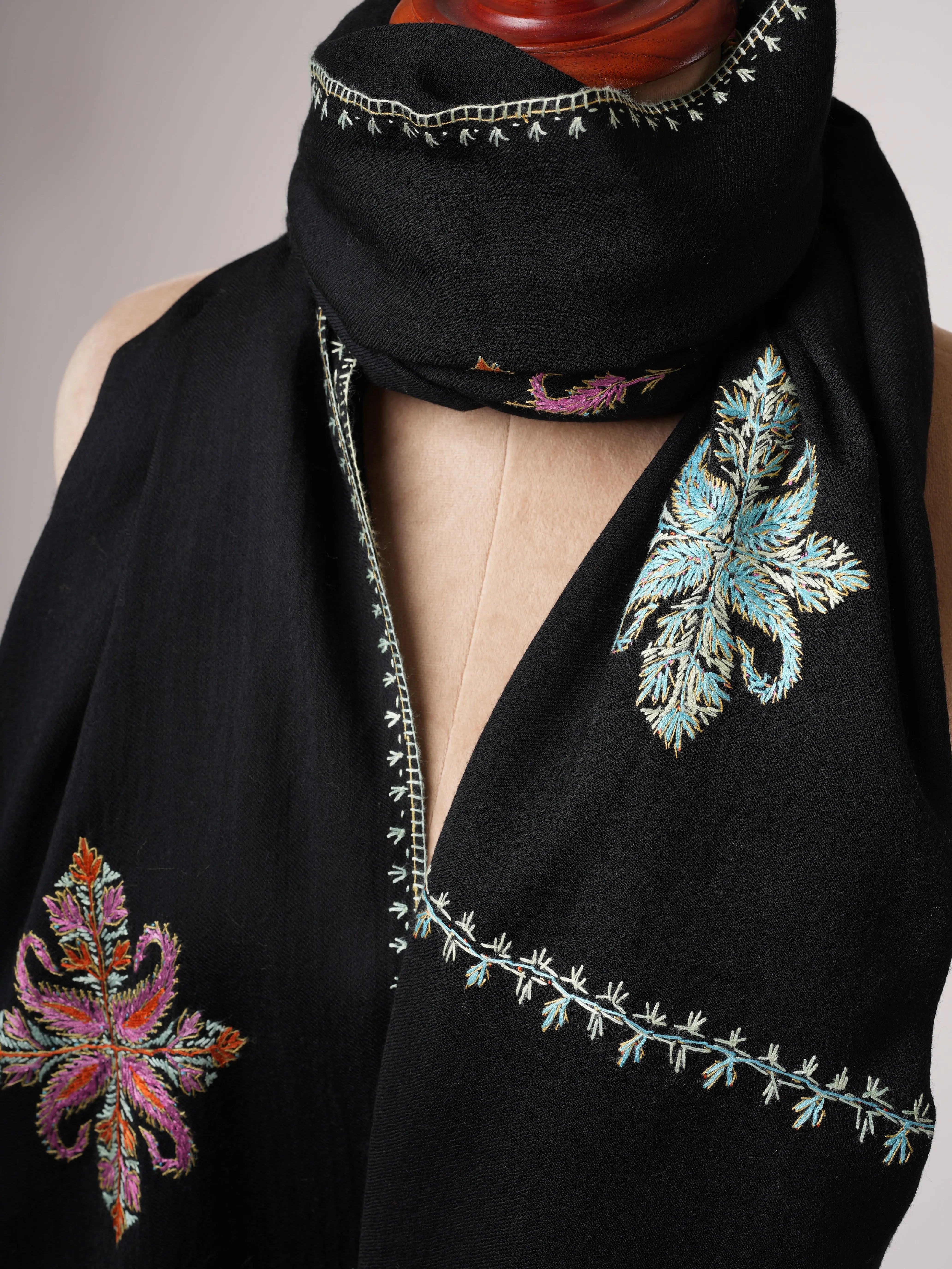 Black Aksi Hand Embroidered Pure Wool Shawl Shahkaar