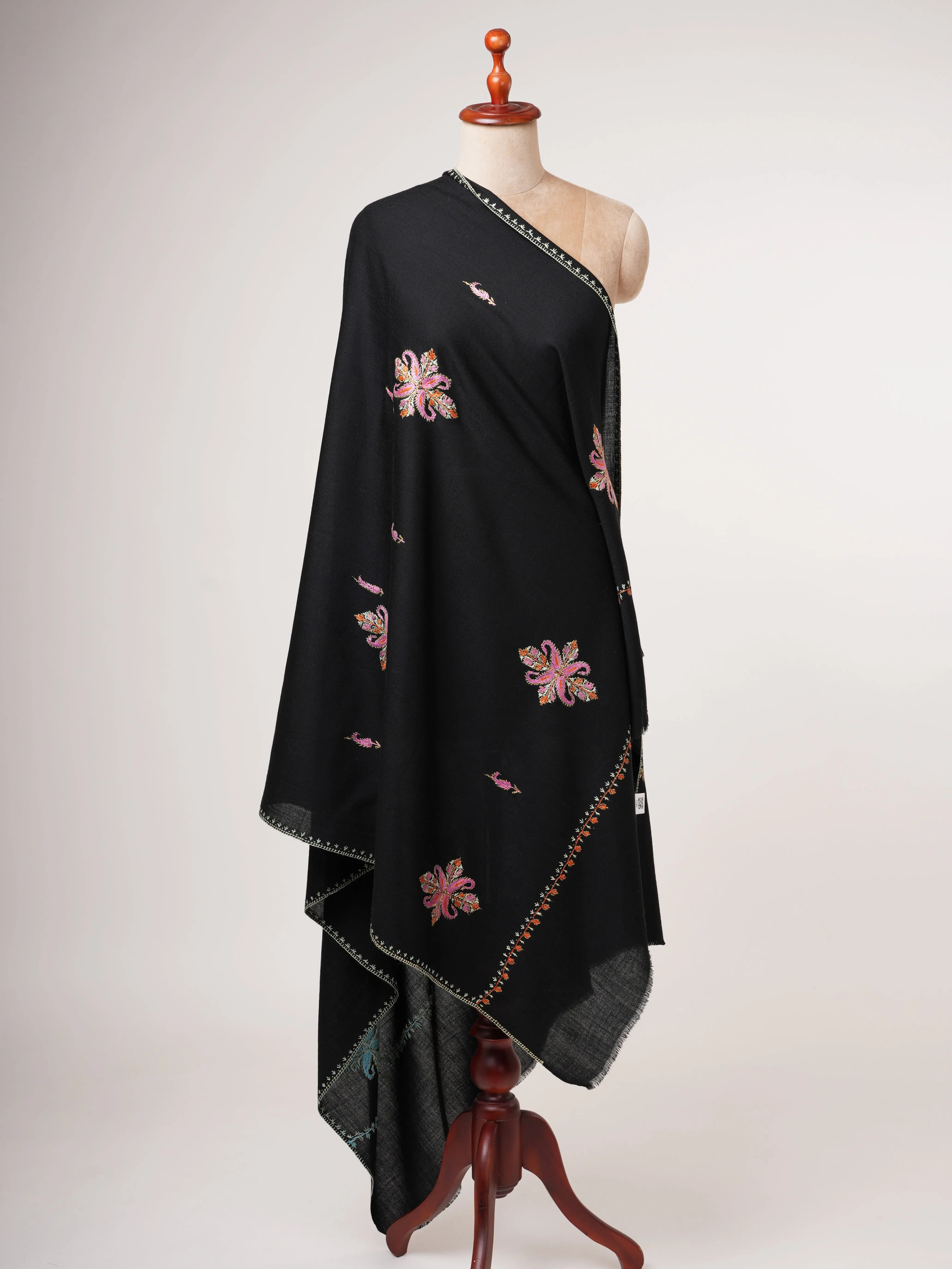 Black Aksi Hand Embroidered Pure Wool Shawl Shahkaar