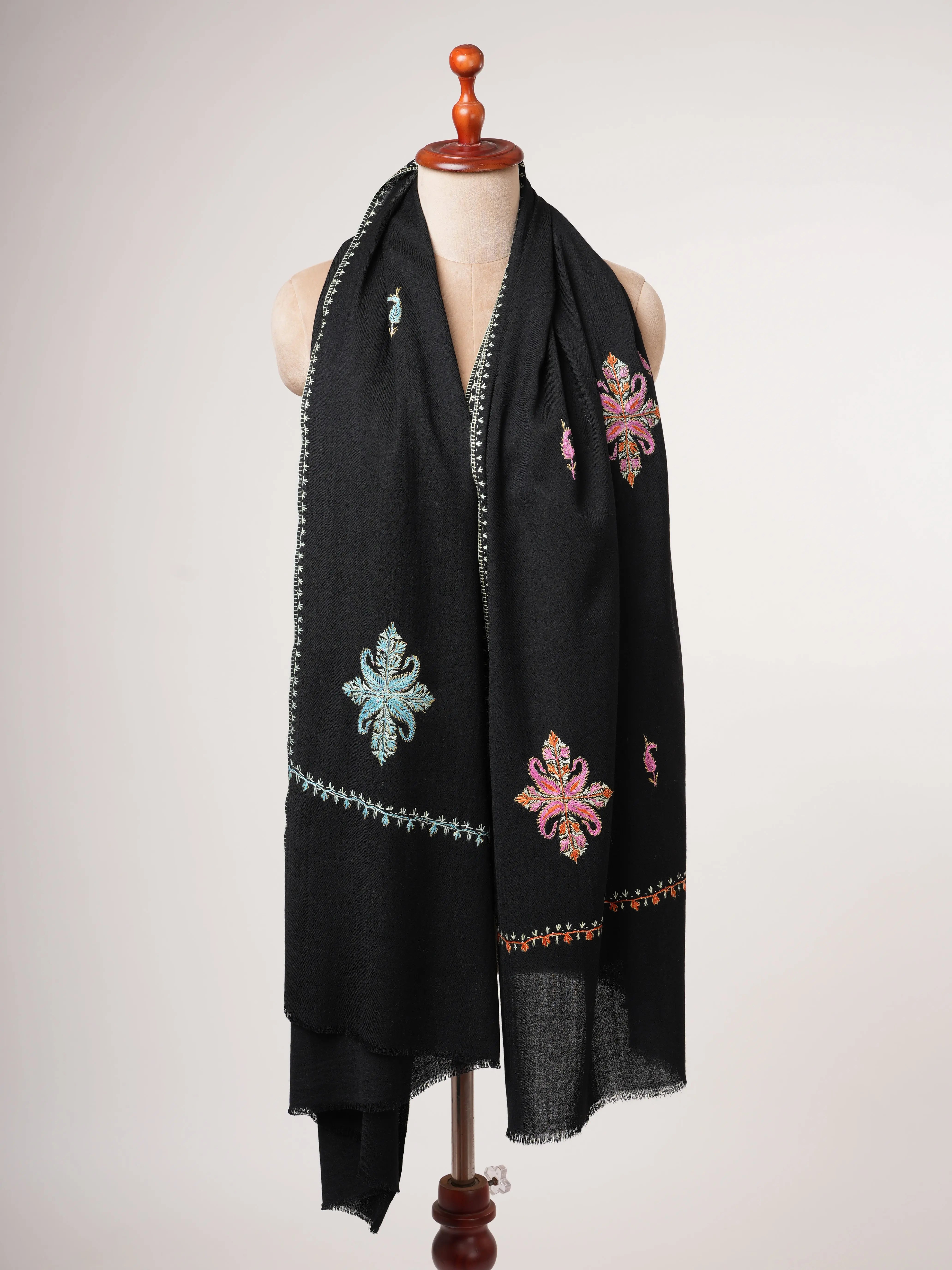 Black Aksi Hand Embroidered Pure Wool Shawl Shahkaar