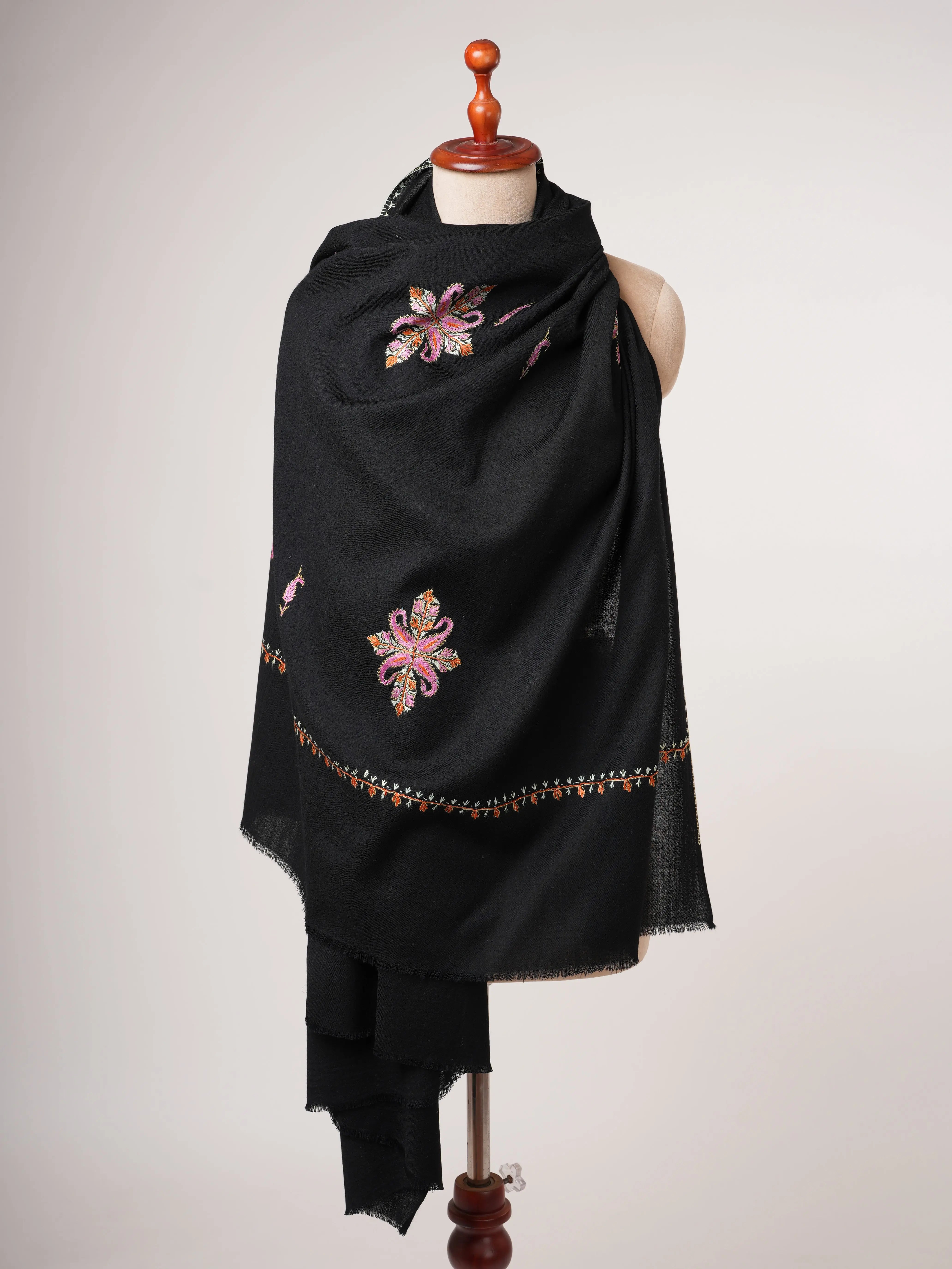 Black Aksi Hand Embroidered Pure Wool Shawl Shahkaar