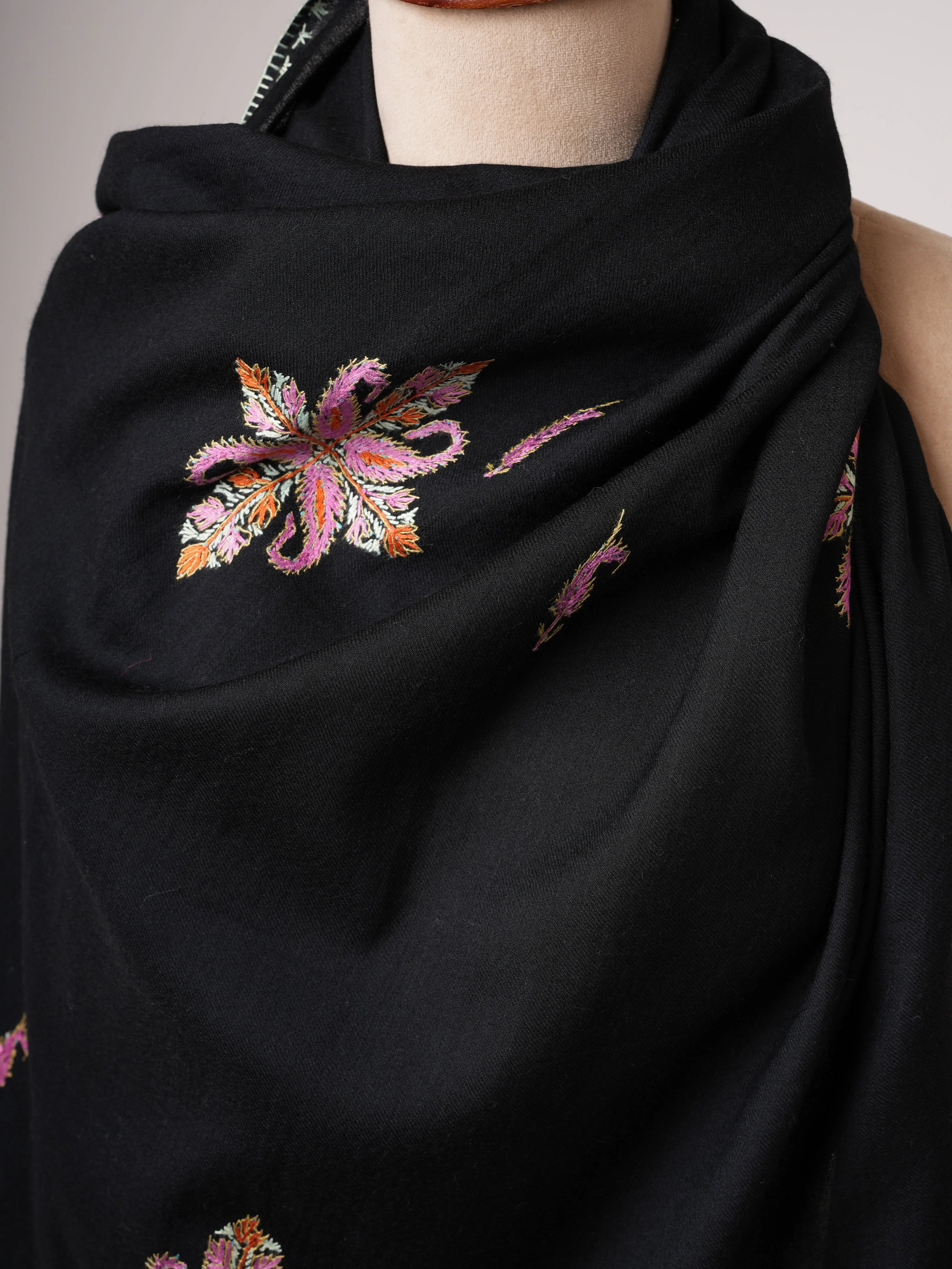Black Aksi Hand Embroidered Pure Wool Shawl Shahkaar