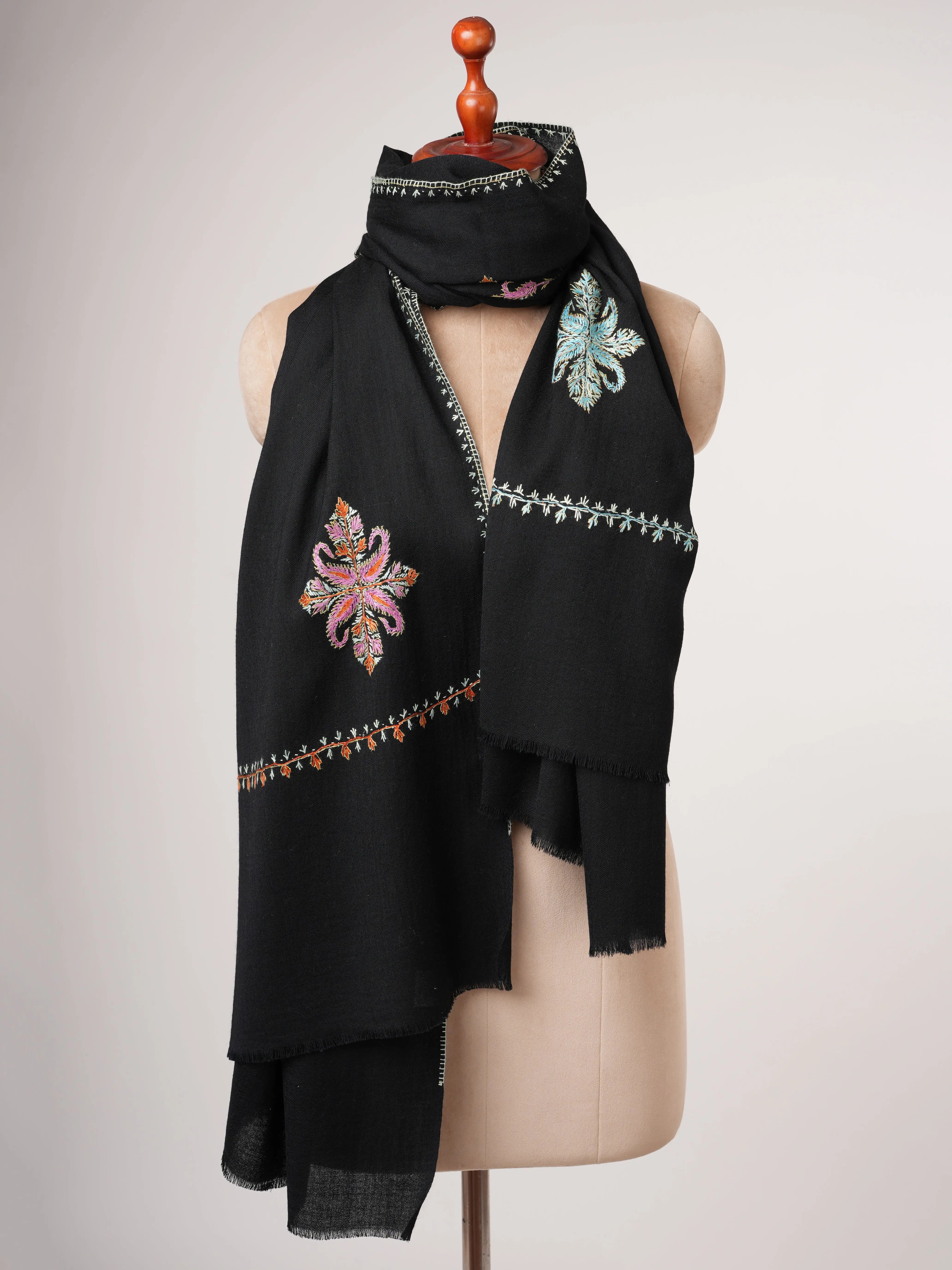 Black Aksi Hand Embroidered Pure Wool Shawl Shahkaar