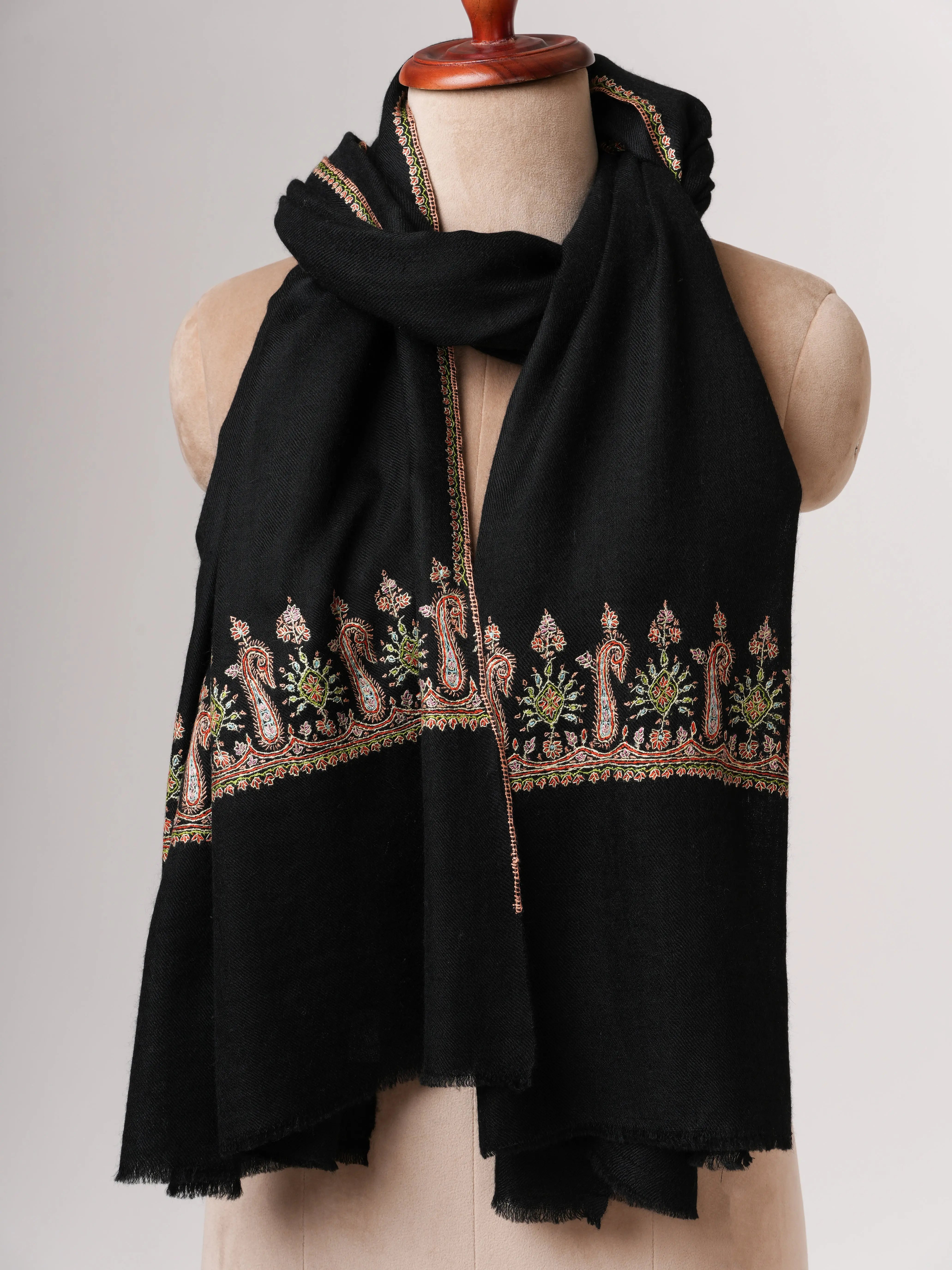 Black Baby Soft Cashmere Scarf with Palla Embroidery – Handcrafted Shahkaar