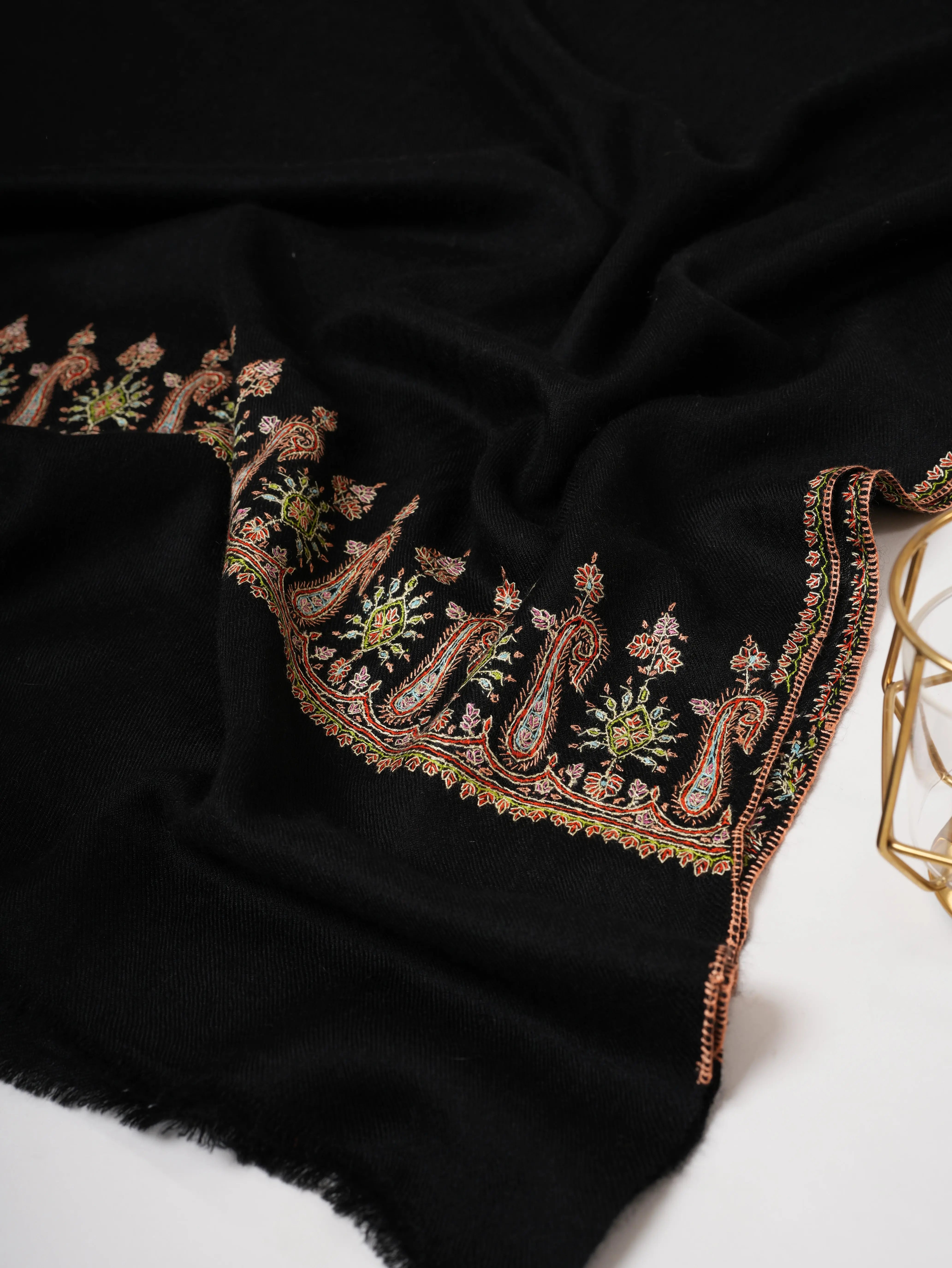Black Baby Soft Cashmere Scarf with Palla Embroidery – Handcrafted Shahkaar