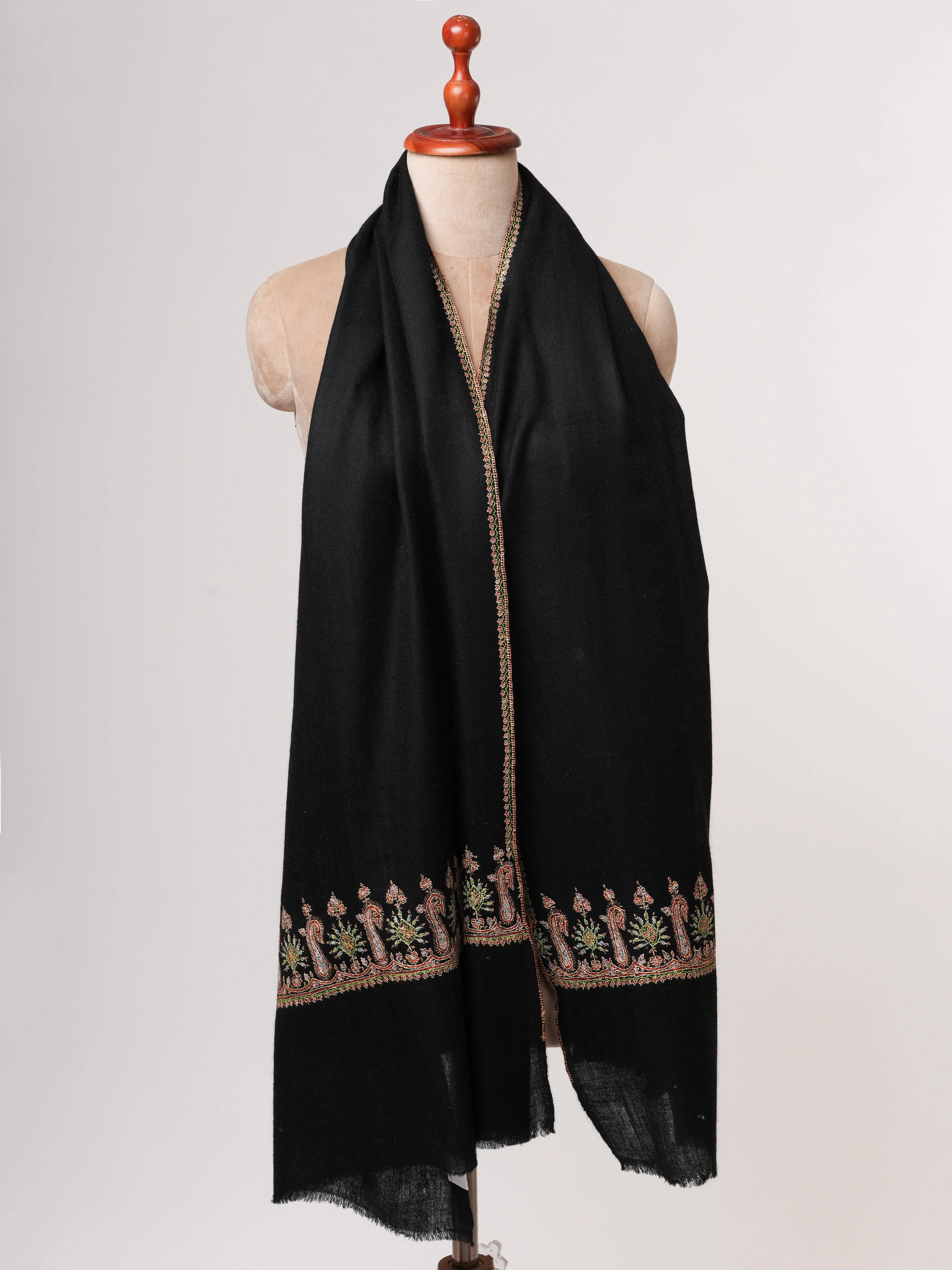 Black Baby Soft Cashmere Scarf with Palla Embroidery – Handcrafted Shahkaar