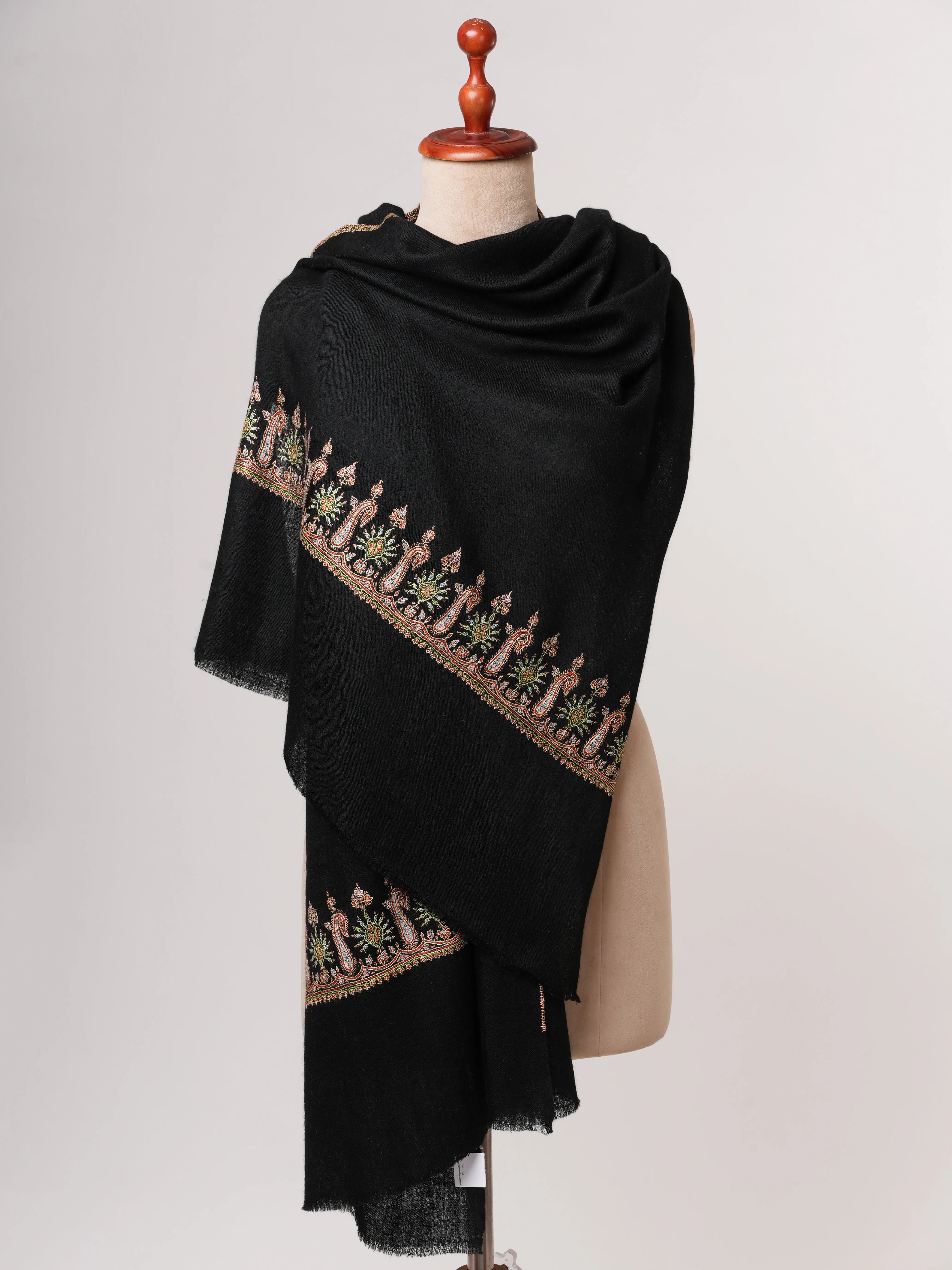 Black Baby Soft Cashmere Scarf with Palla Embroidery – Handcrafted Shahkaar