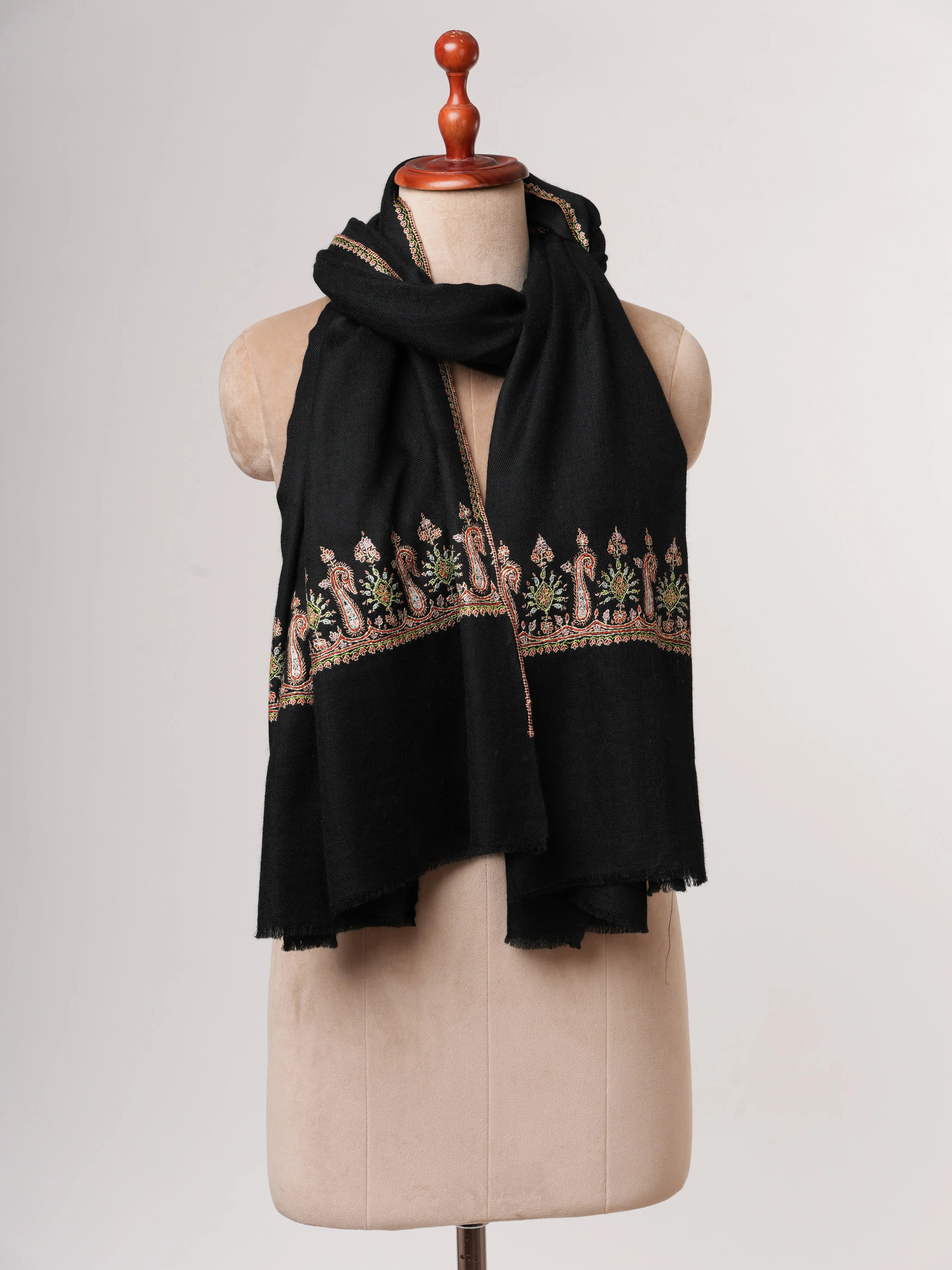 Black Baby Soft Cashmere Scarf with Palla Embroidery – Handcrafted Shahkaar