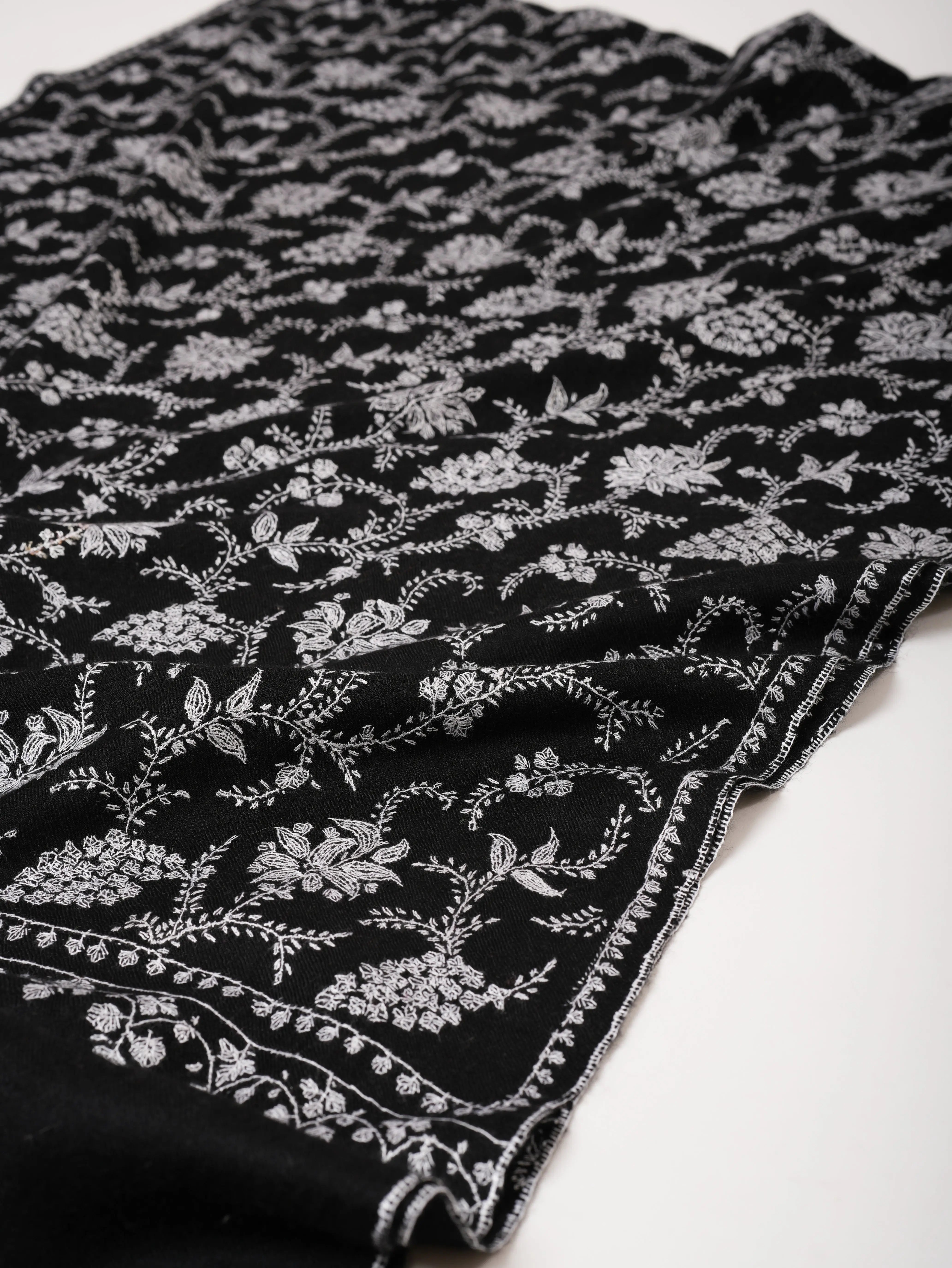 Black Baby Soft Cashmere Scarf with White Sozni Embroidery Shahkaar
